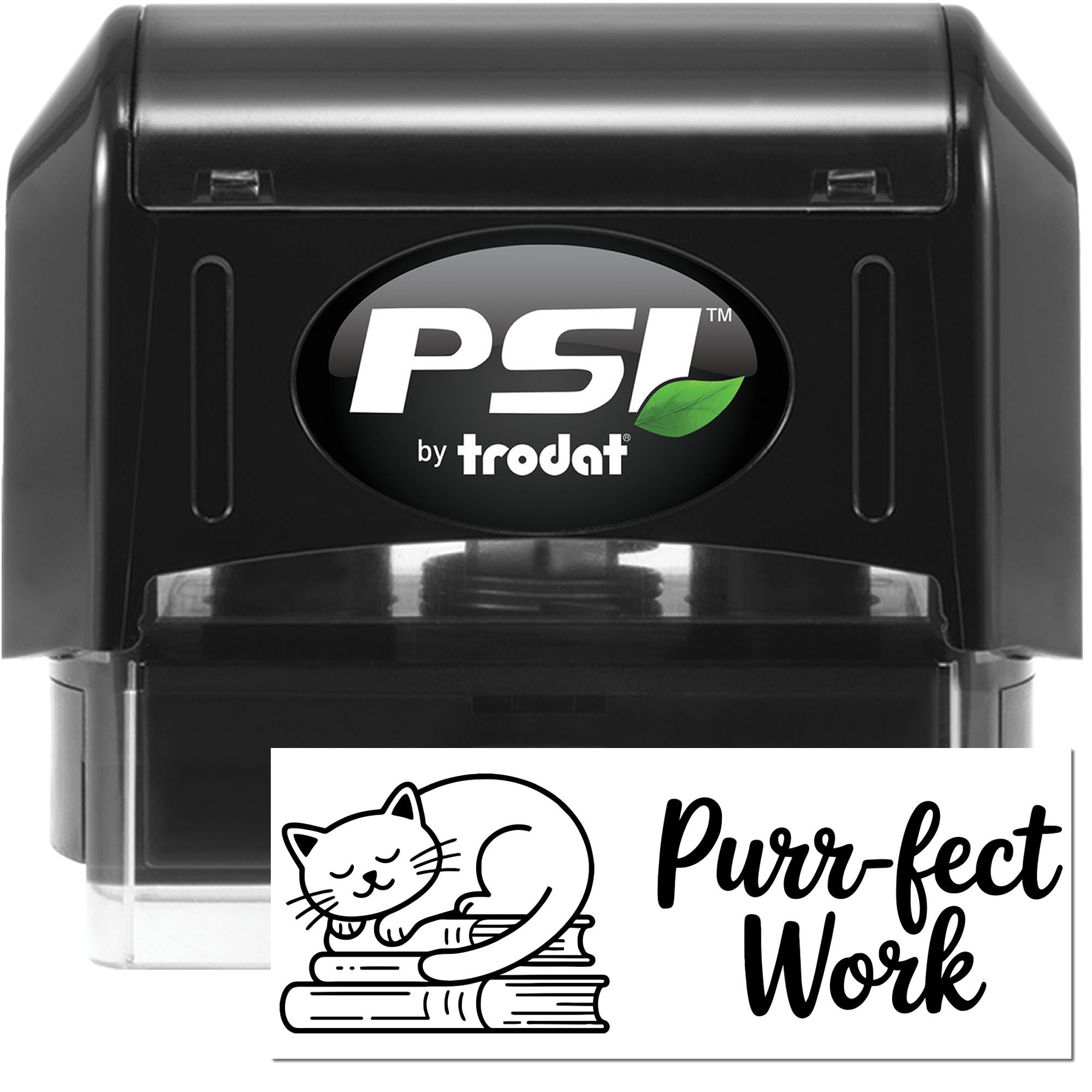 Black PSI by Trodat self-inking stamp with custom cat logo and Purr-fect Work seal design on white background.