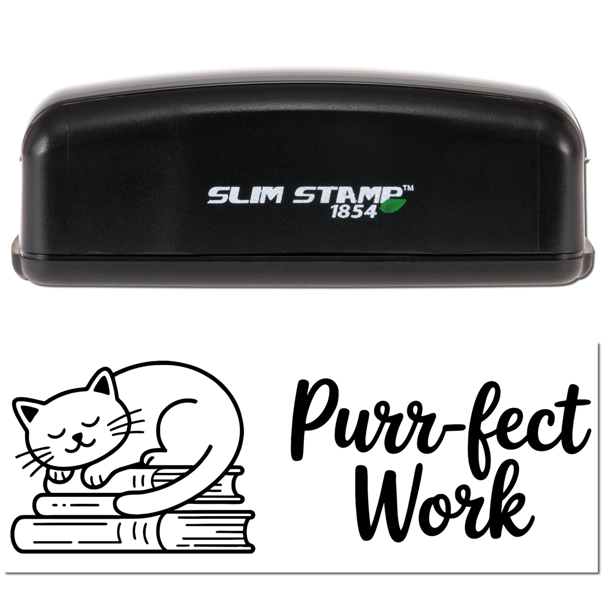 Black Slim Stamp 1854 self-inking stamp and seal with sleeping cat on books and Purr-fect Work text.