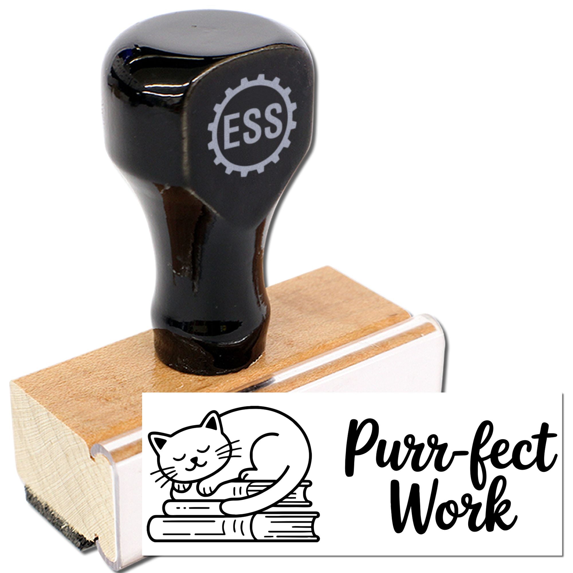 Black rubber stamp on wooden base with cat seal reading Purr-fect Work and ESS logo.