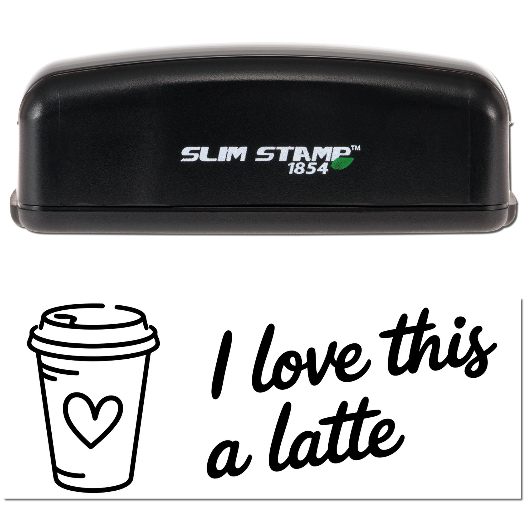 Black Slim Stamp 1854 custom stamp and seal with coffee cup heart icon and I love this a latte in black on white.