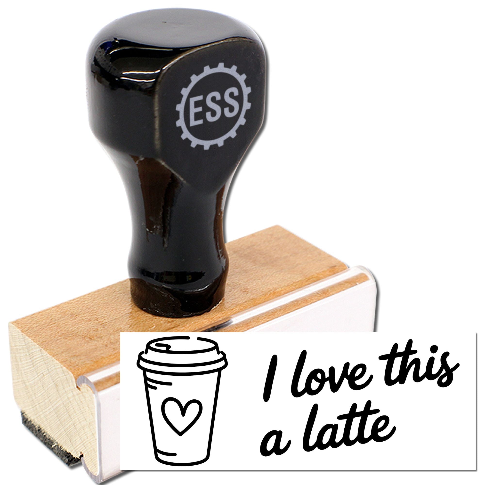 Black ESS stamp and seal on wooden base, with coffee cup icon and I love this a latte text.
