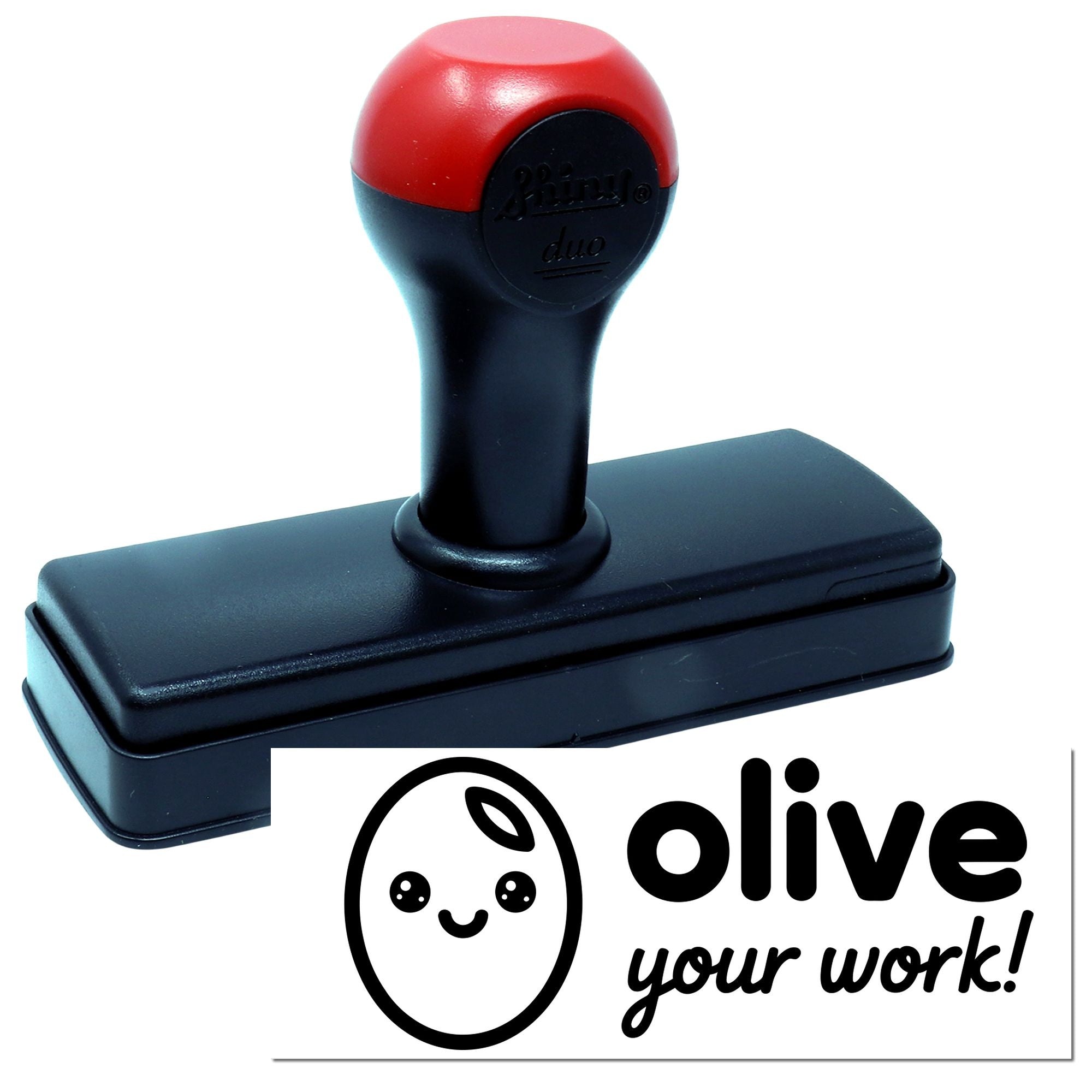 Black self-inking stamp with red handle and olive logo seal reading olive your work!