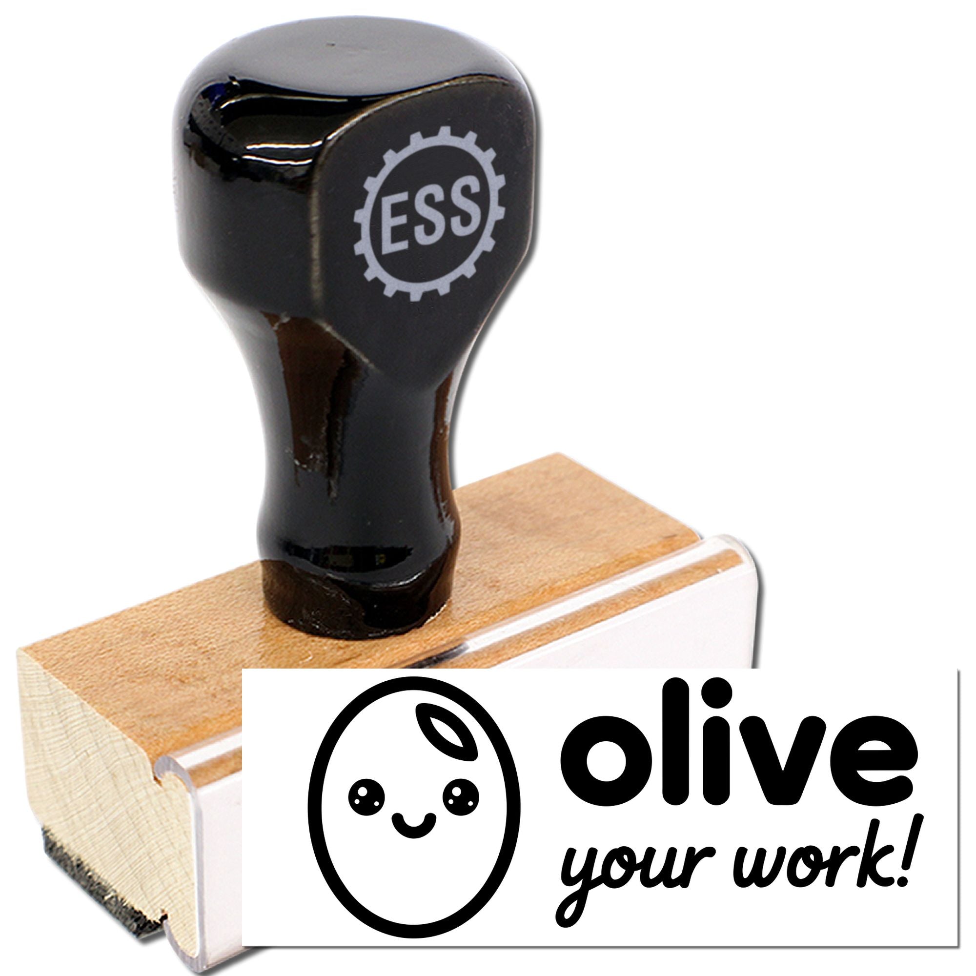 Black ESS rubber stamp with wooden base and white olive your work! seal card.