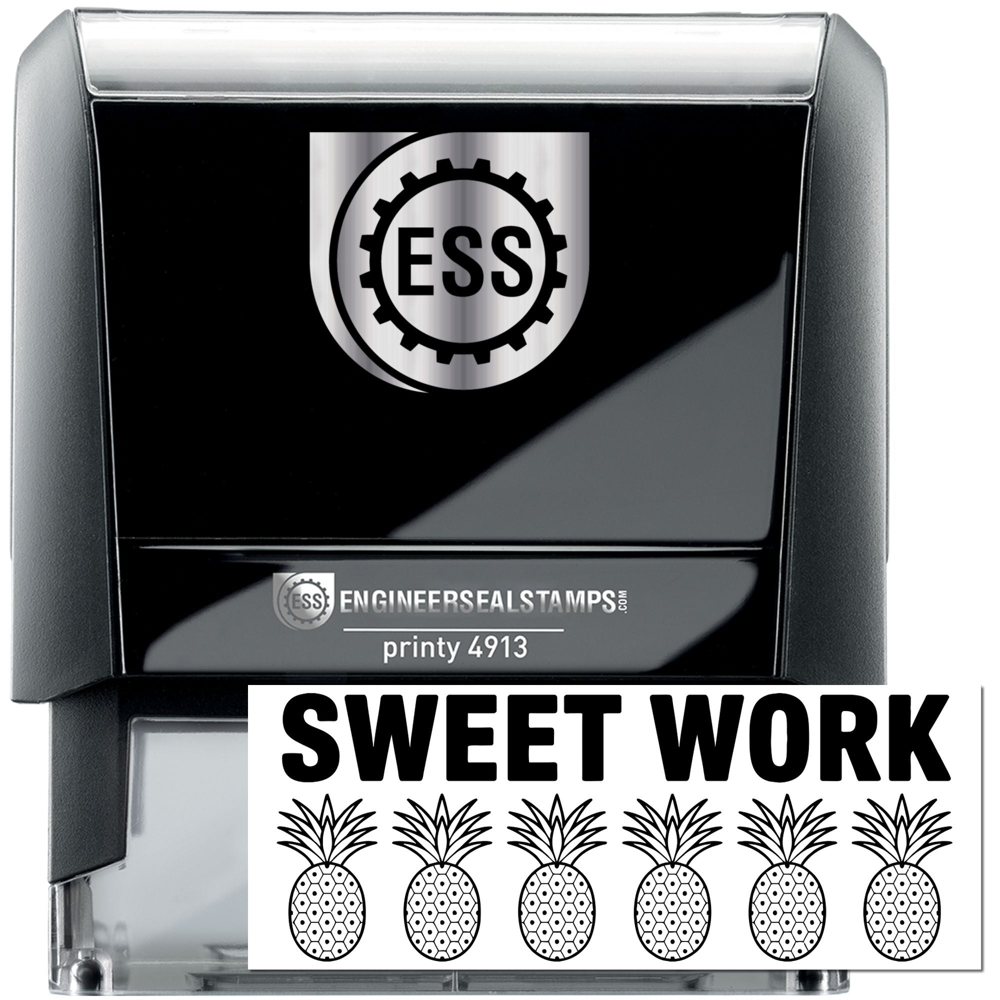 Black and silver self-inking stamp and seal with ESS logo, Sweet Work text, and pineapple graphics.
