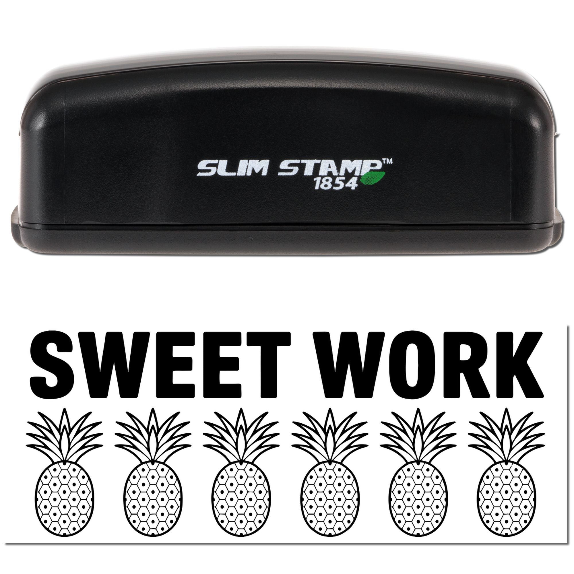Black Slim Stamp 1854 stamp and seal with Sweet Work text and pineapple pattern on white background.