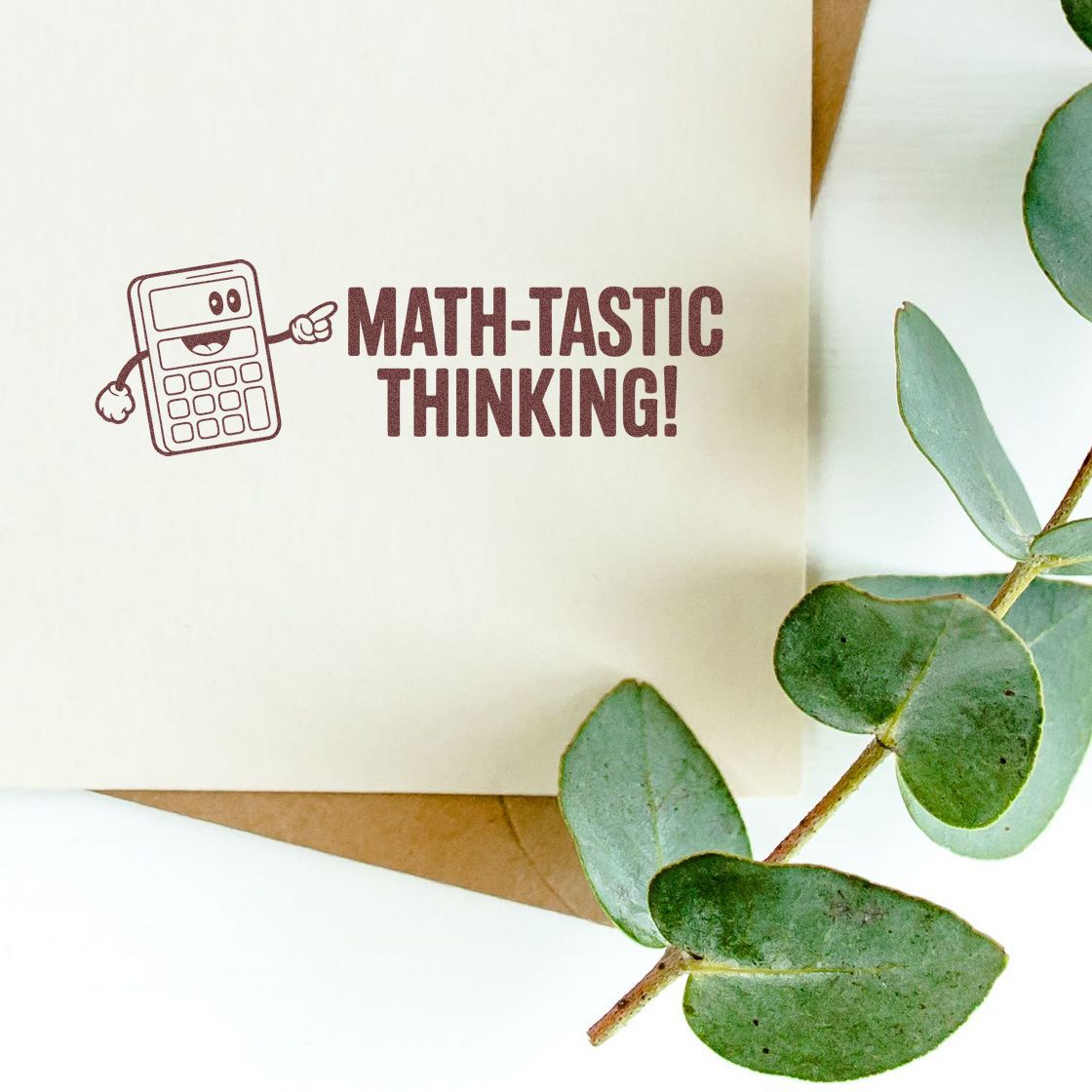 Maroon calculator stamp reading Math-tastic Thinking! on cream paper, framed by green eucalyptus leaves.