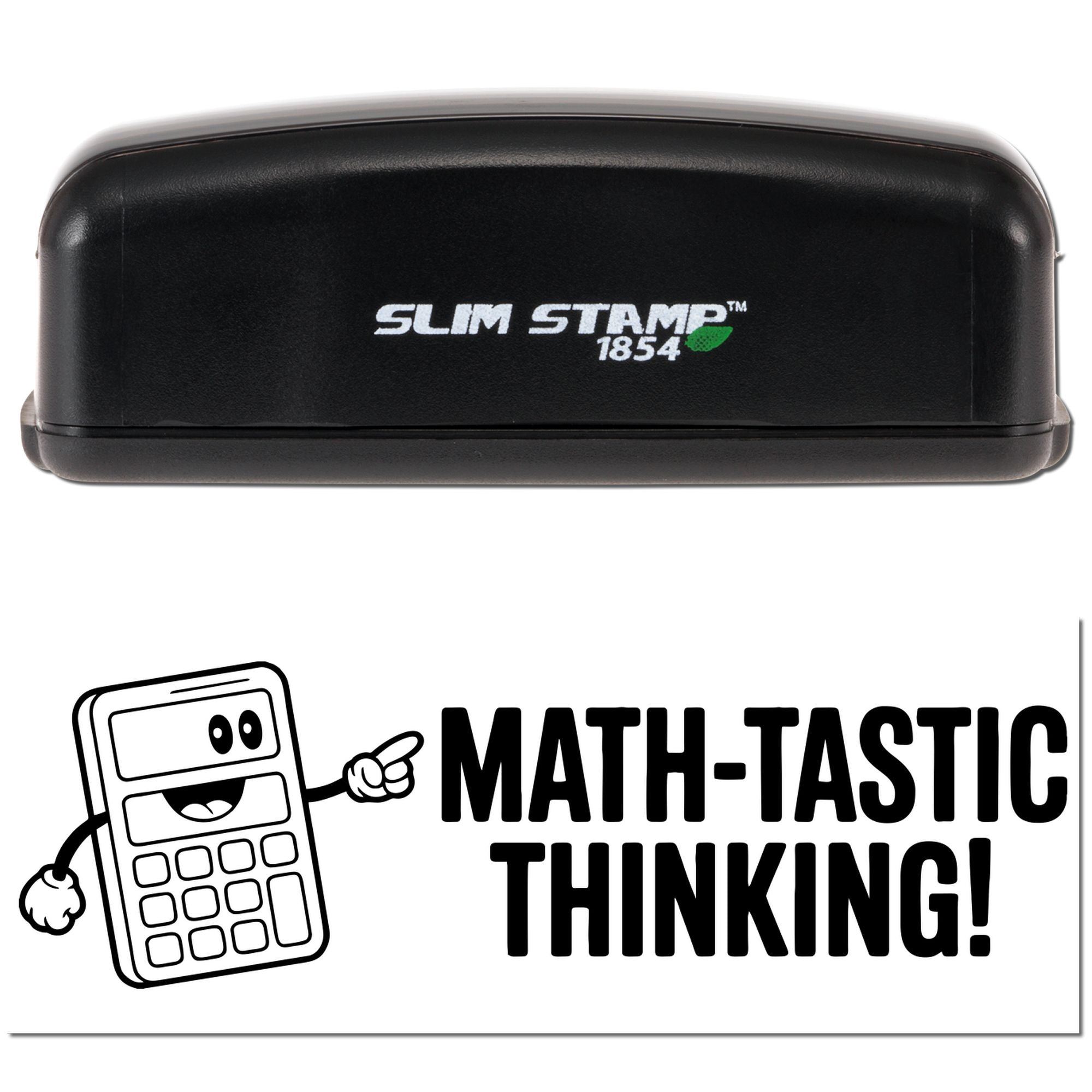 Black Slim Stamp 1854 seal in black with white logo, above Math-Tastic Thinking text and cartoon calculator mascot on white background.