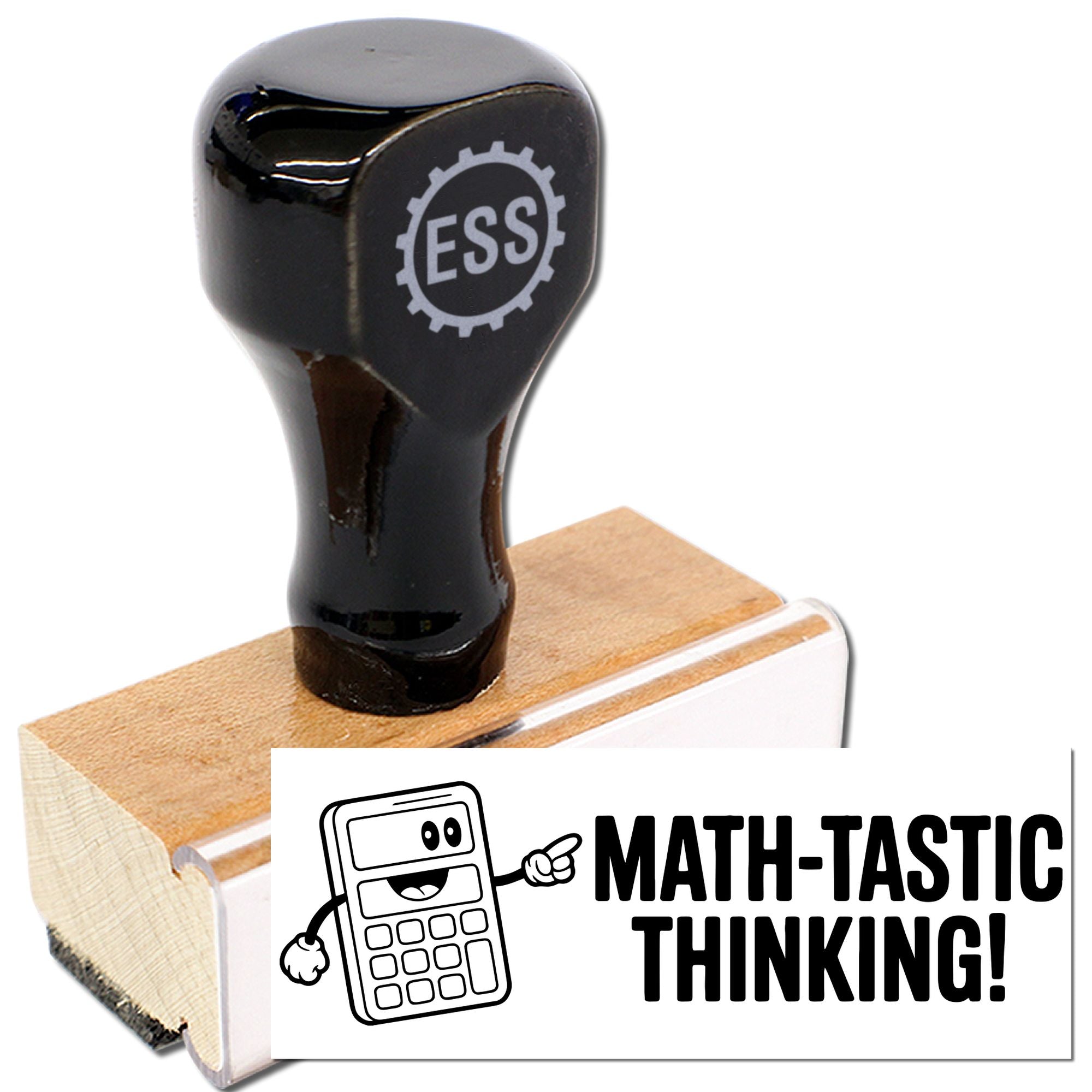 Black custom stamp with ESS logo on a wooden handle beside a white seal card reading MATH-TASTIC THINKING! with calculator icon.