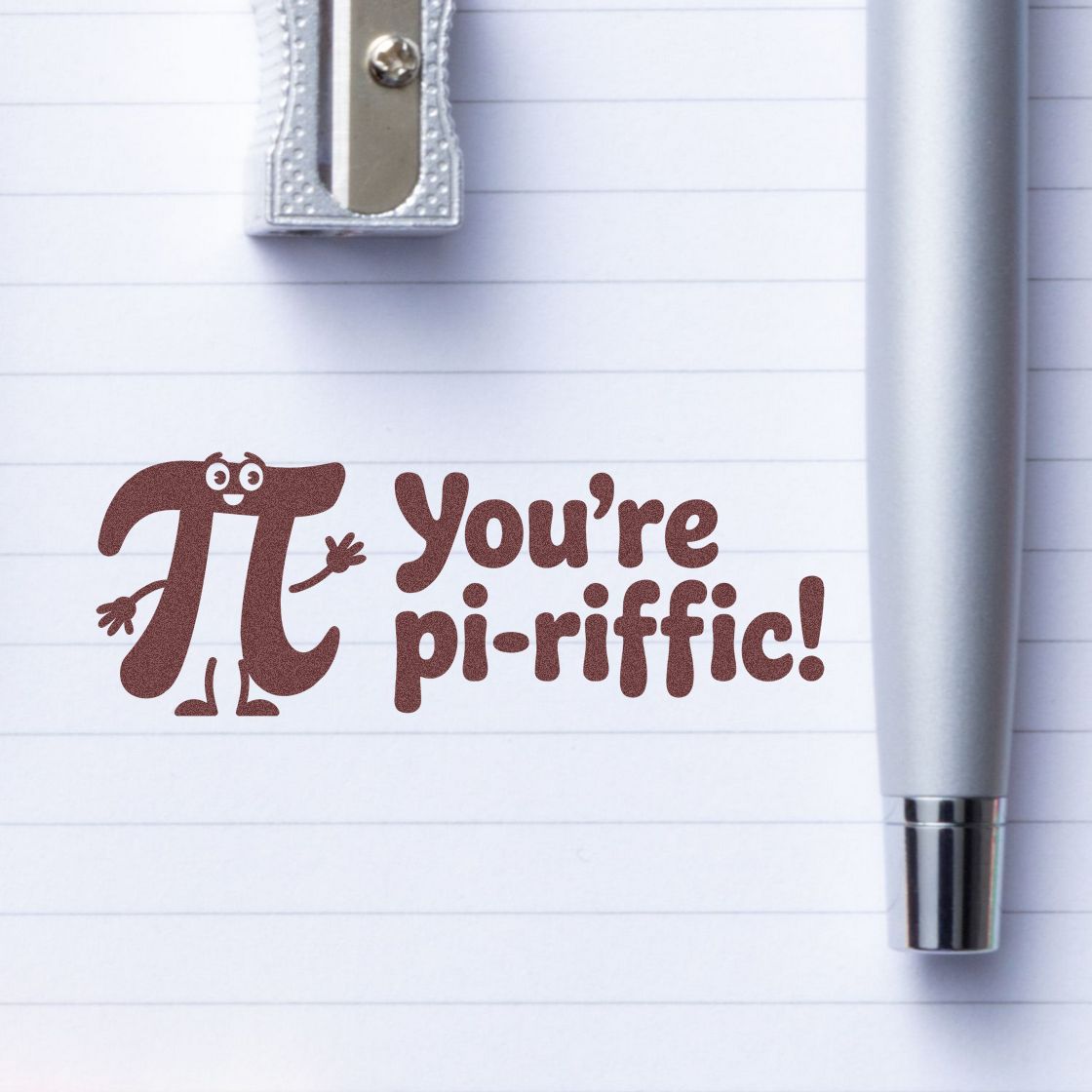 Brown pi-shaped rubber stamp reading Youre pi-riffic! on lined paper, beside a silver pen and sharpener.