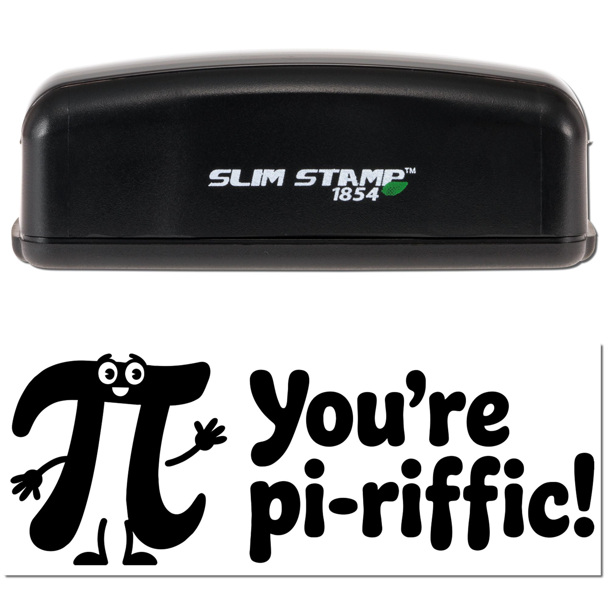 Black Slim Stamp 1854 seal embosser with green logo, imprinting Youre pi-riffic! in bold black text.