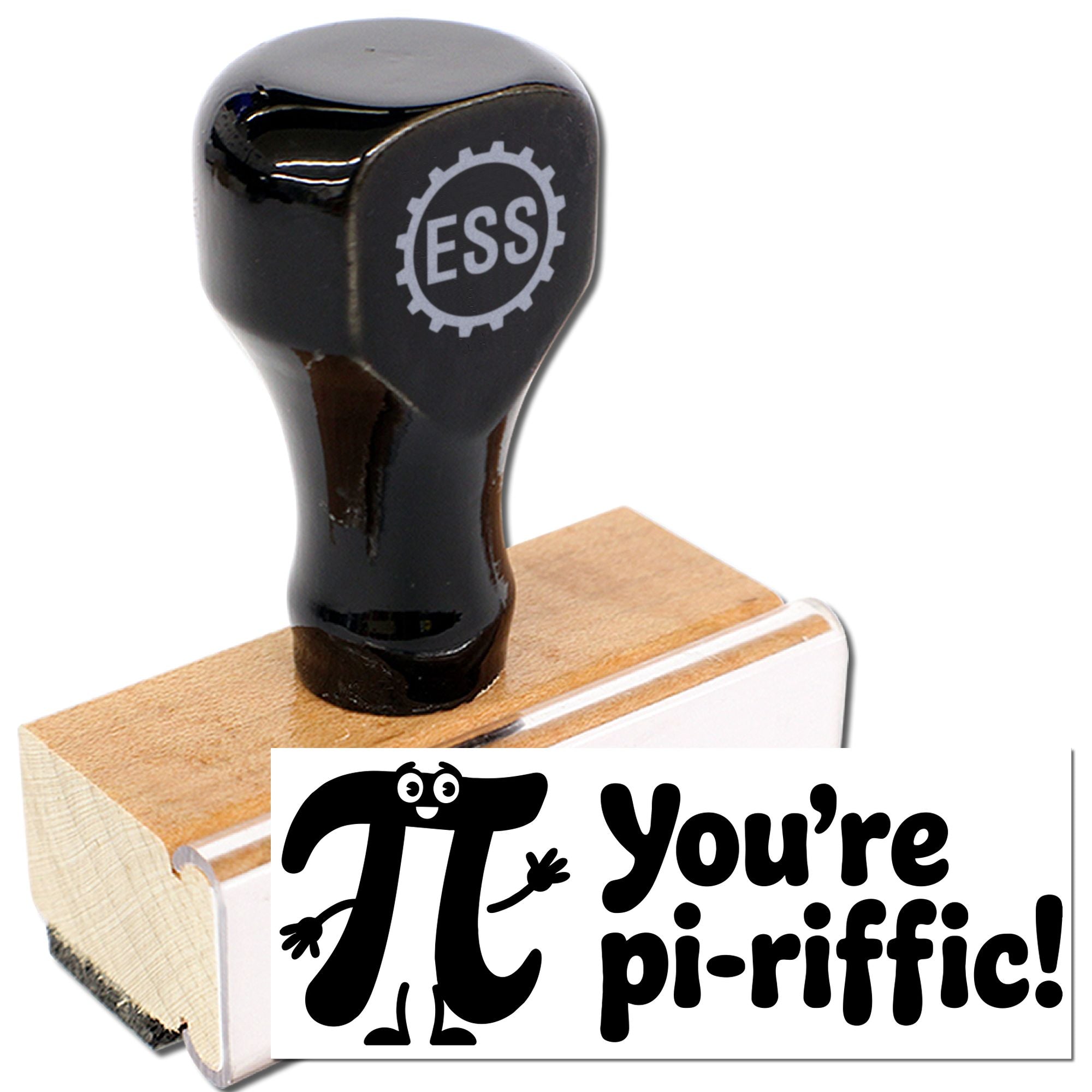 Black rubber stamp and wooden seal block with ESS handle and playful pi-riffic design