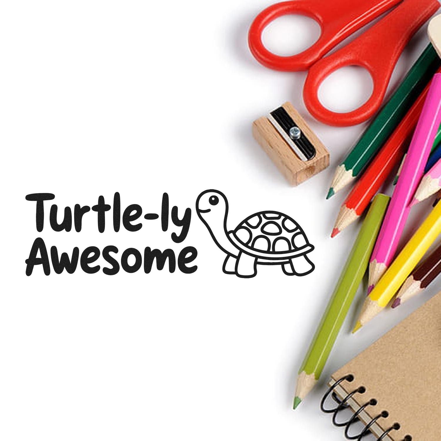 Turtle-ly Awesome stamp and seal set with black turtle design, red scissors, colorful pencils, and wooden sharpener.
