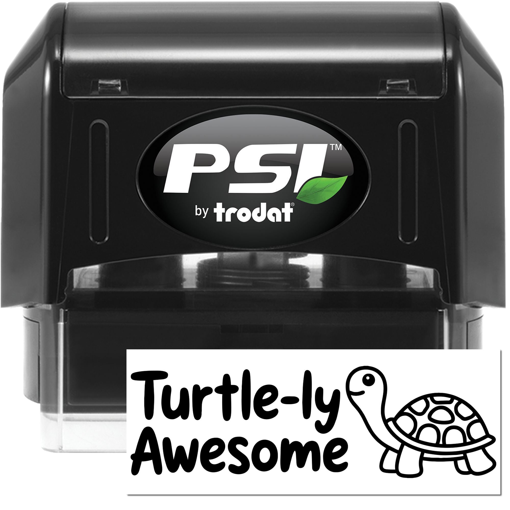 Black PSI by Trodat stamp and Turtle-ly Awesome seal with turtle graphic on white background