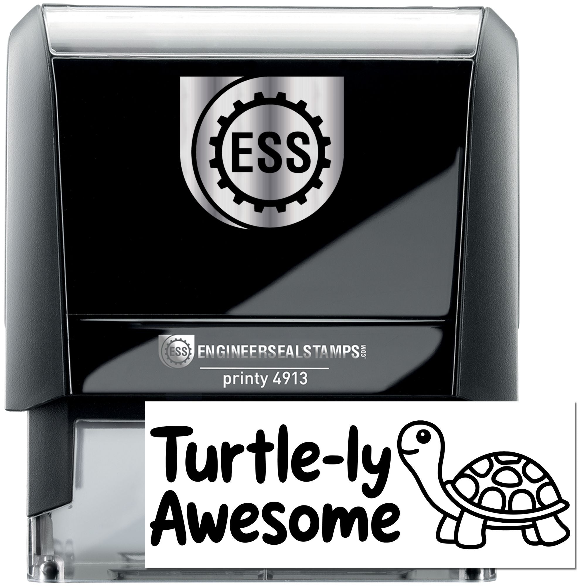 Black self-inking stamp and seal set with silver ESS logo and Turtle-ly Awesome turtle design.