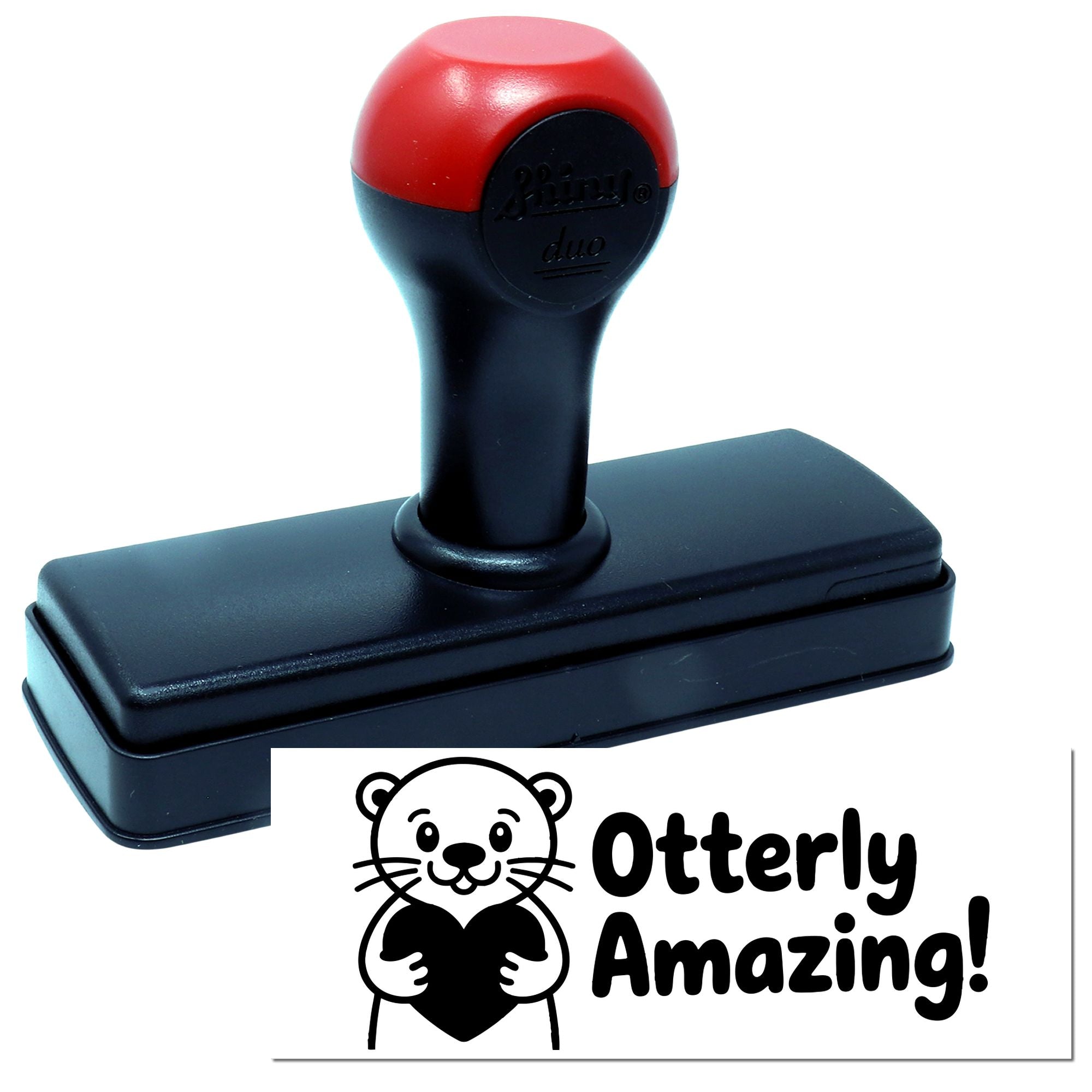 Red and black self-inking stamp with rectangular base, showing an otter logo and Otterly Amazing! imprint.