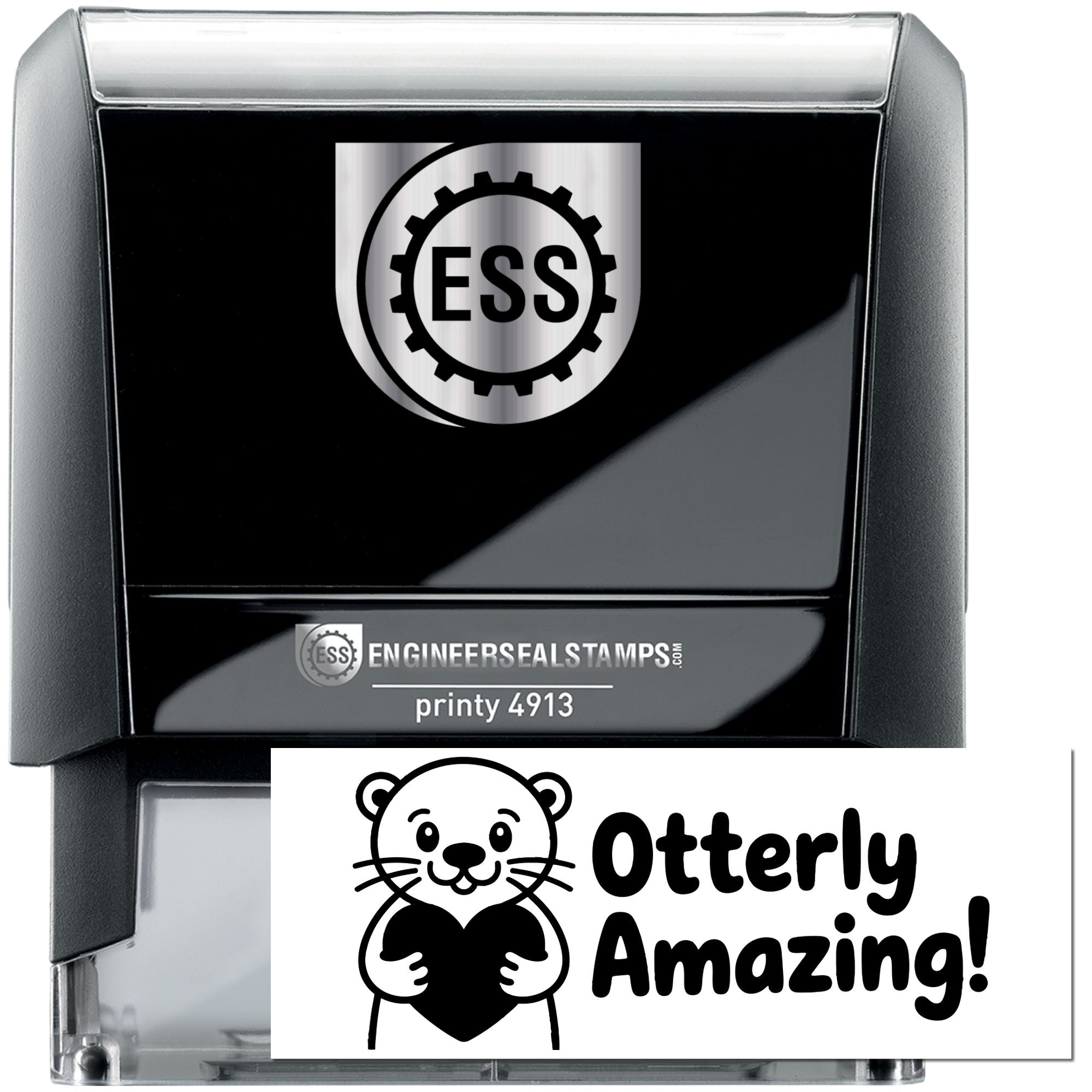Black and silver self-inking stamp and seal, ESS Printy 4913, with Otterly Amazing design.