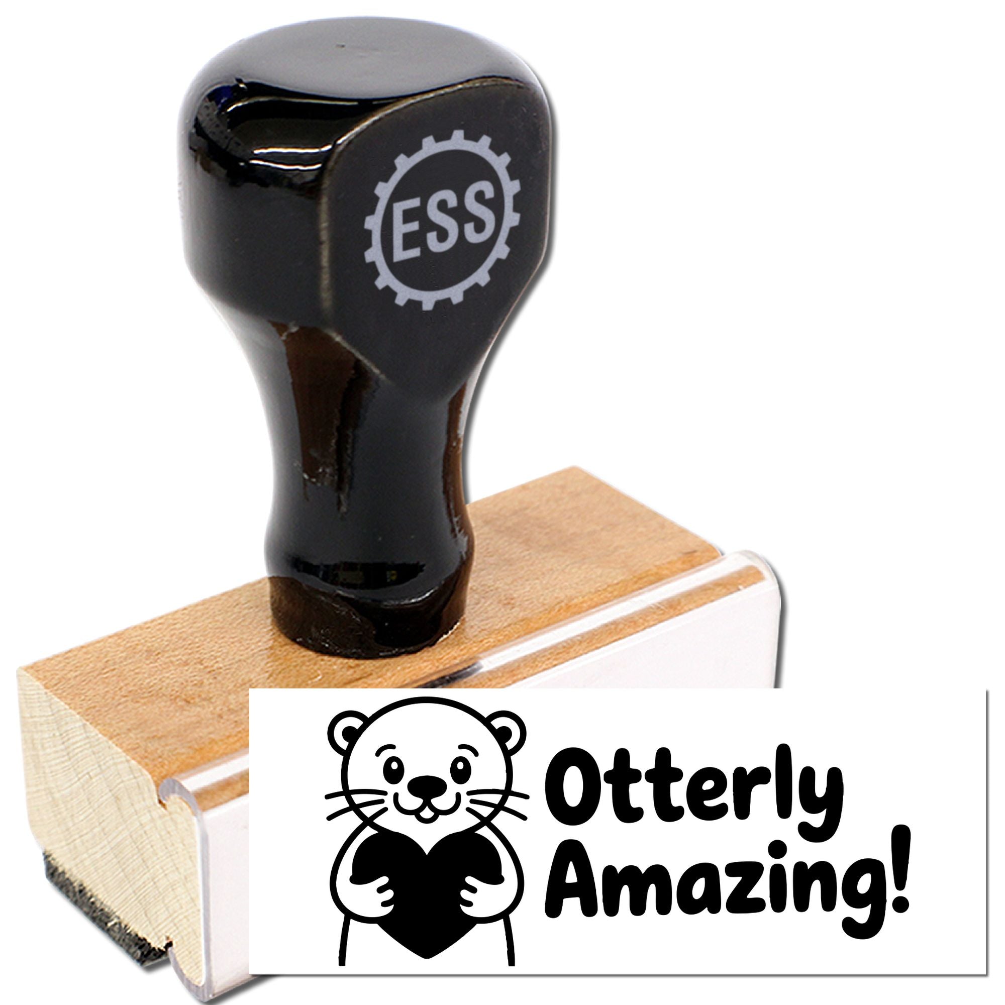 Black ESS rubber stamp with wooden base, paired with a white seal card reading Otterly Amazing! and otter graphic.