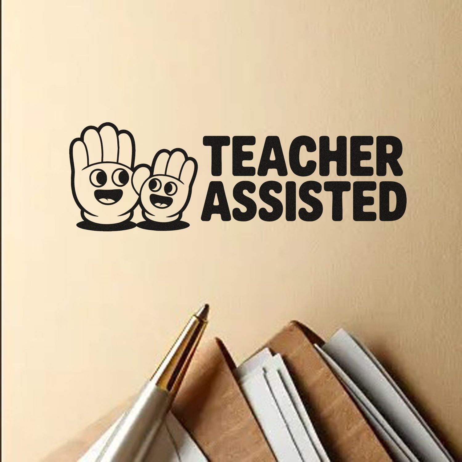 Black Teacher Assisted stamp and seal with smiling hand icons on beige background, beside notebooks and a pen.