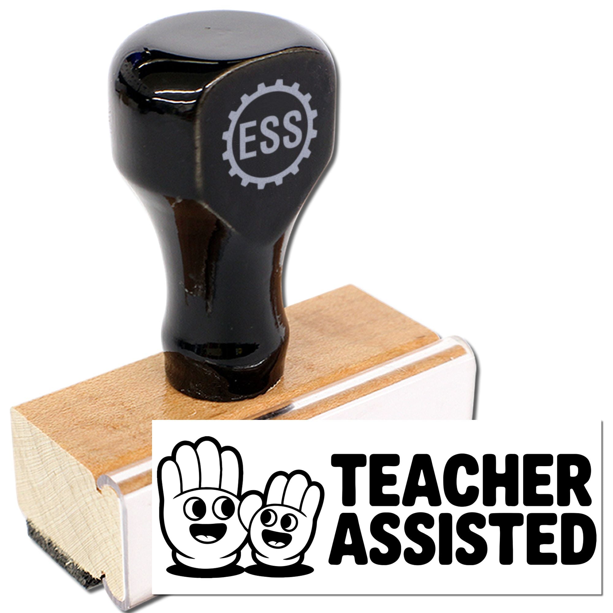 Black wooden teacher-assistant stamp with ESS logo, tan base, and seal-style branding for stamping products.