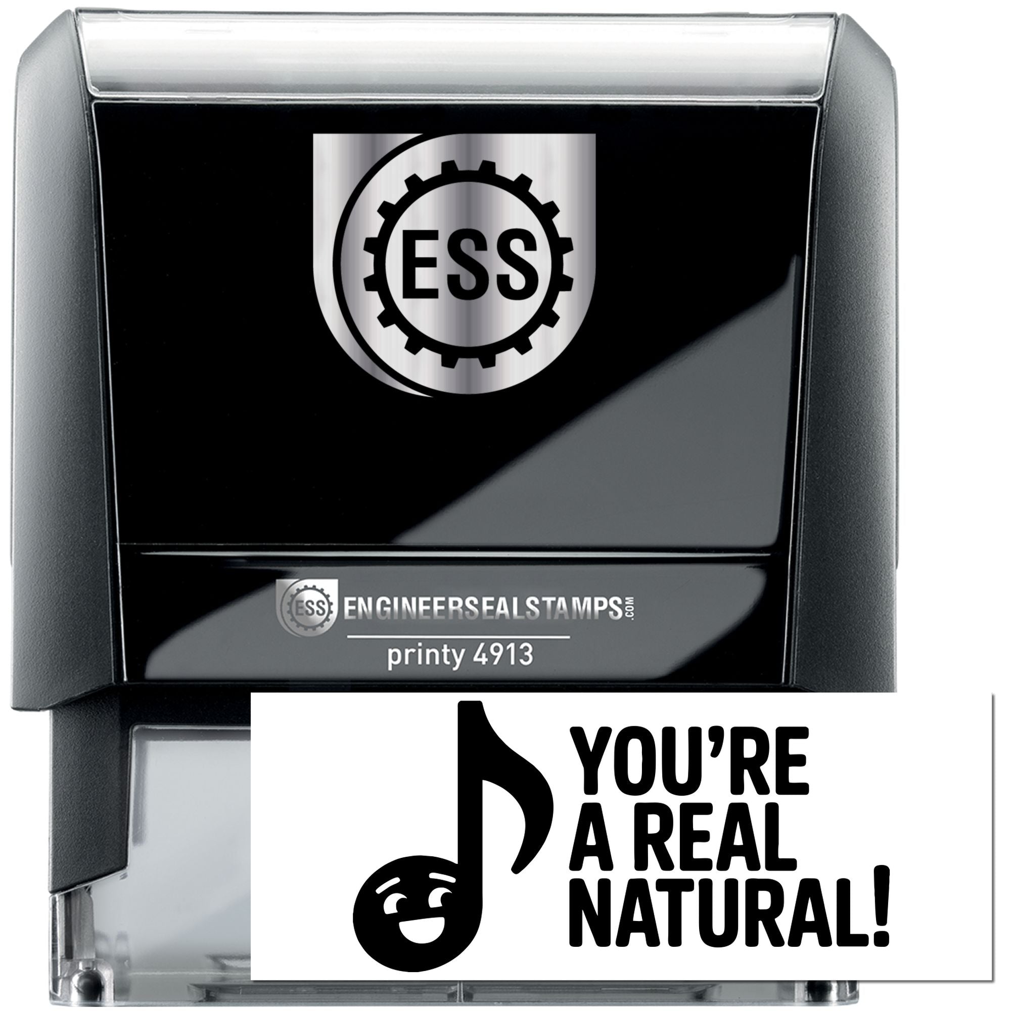 Black self-inking stamp with ESS gear logo and clear seal, plus white seal sticker reading Youre a real natural!