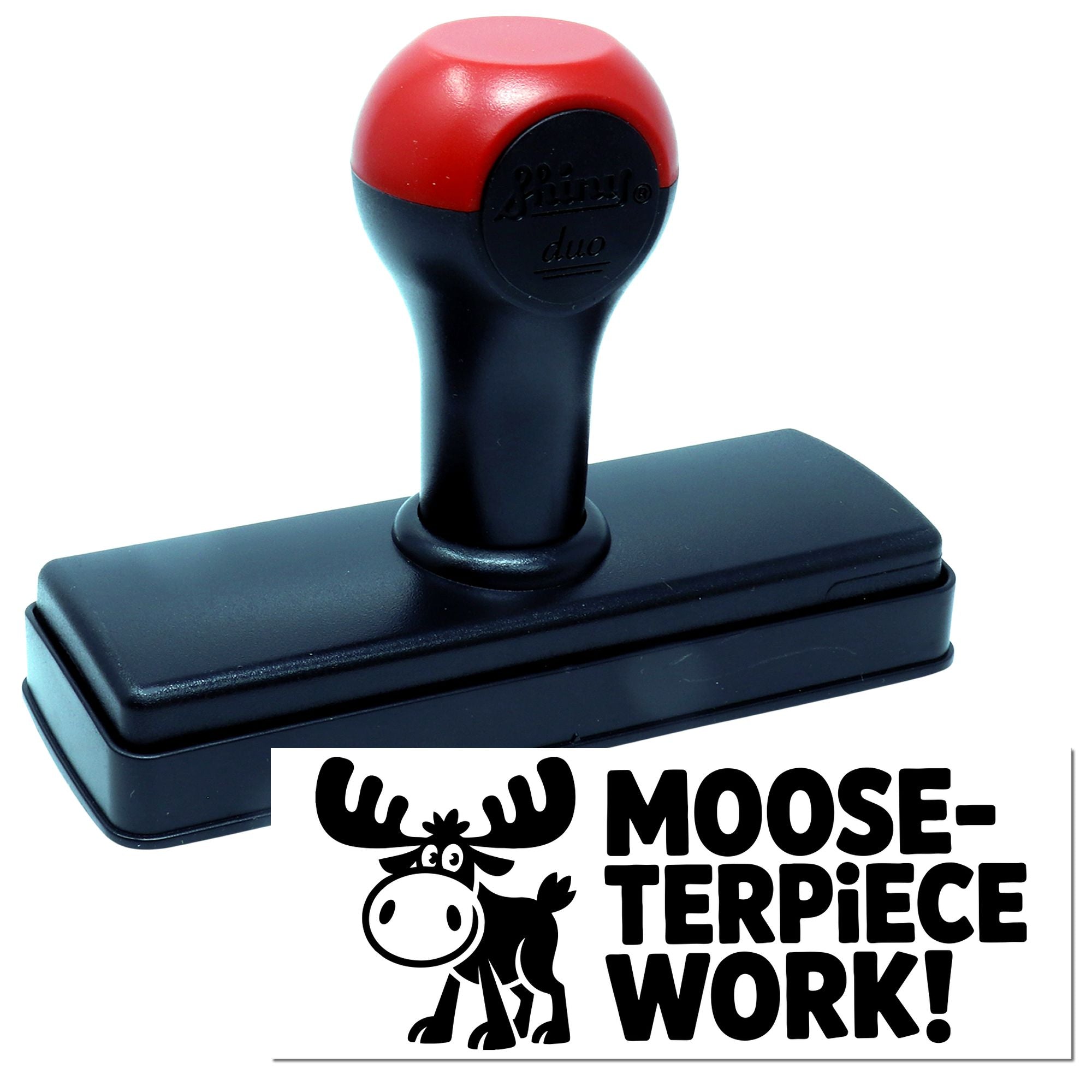 Red-and-black self-inking stamp with black base and a moose-terpiece work seal design.