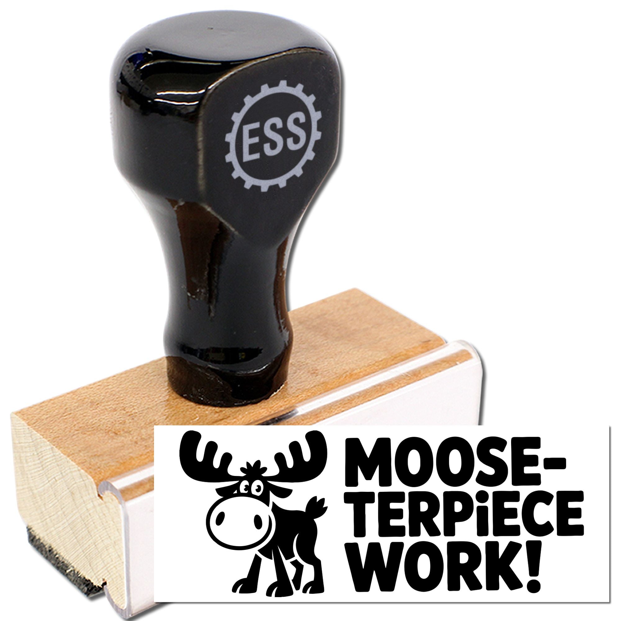 Black ESS rubber stamp on wooden base, stamped with black moose seal and Moose-terpiece Work! text