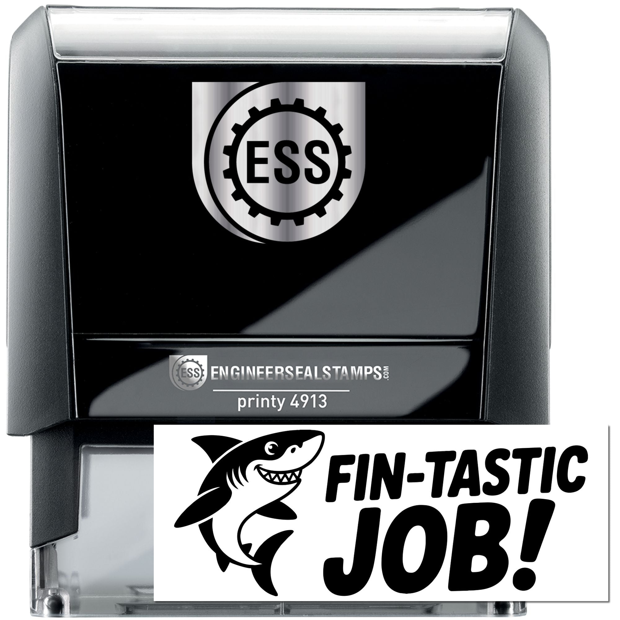 Black self-inking stamp and seal with ESS logo, silver accents, and a fin-tastic job shark graphic.
