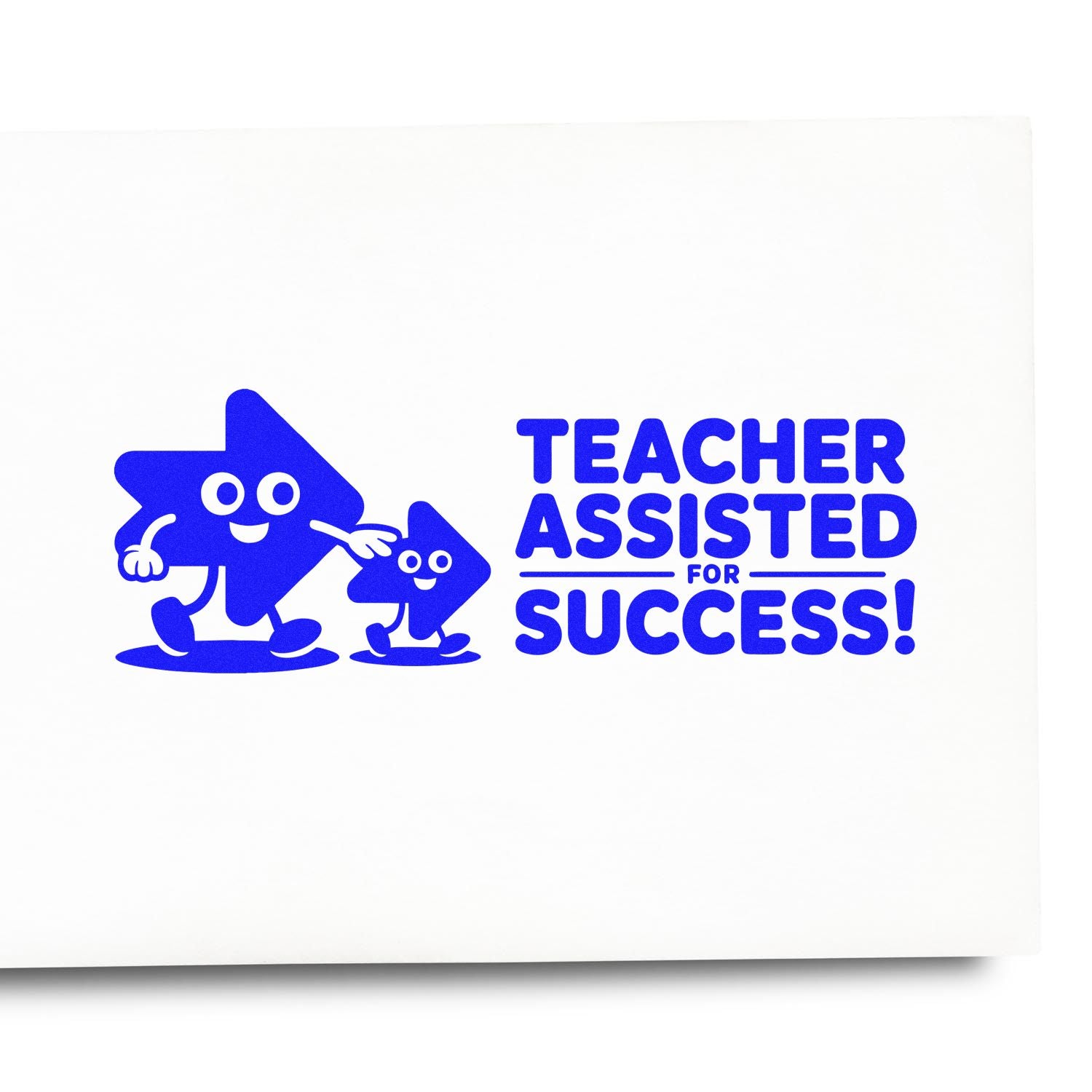 Blue teacher assisted for success stamp seal with smiling arrow characters on white background