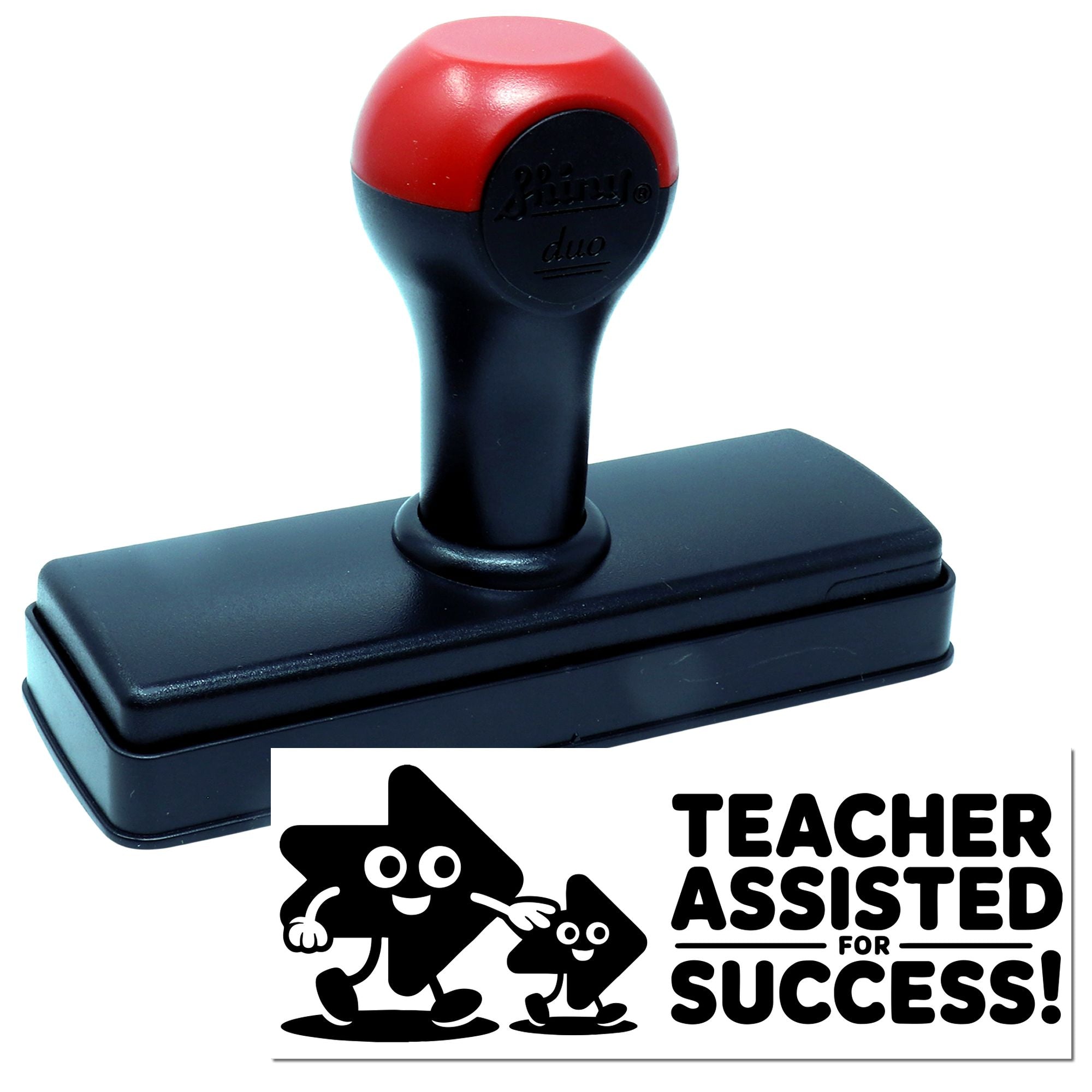 Red and black self-inking teacher stamp with seal reading Teacher Assisted for Success and smiling mascot design.