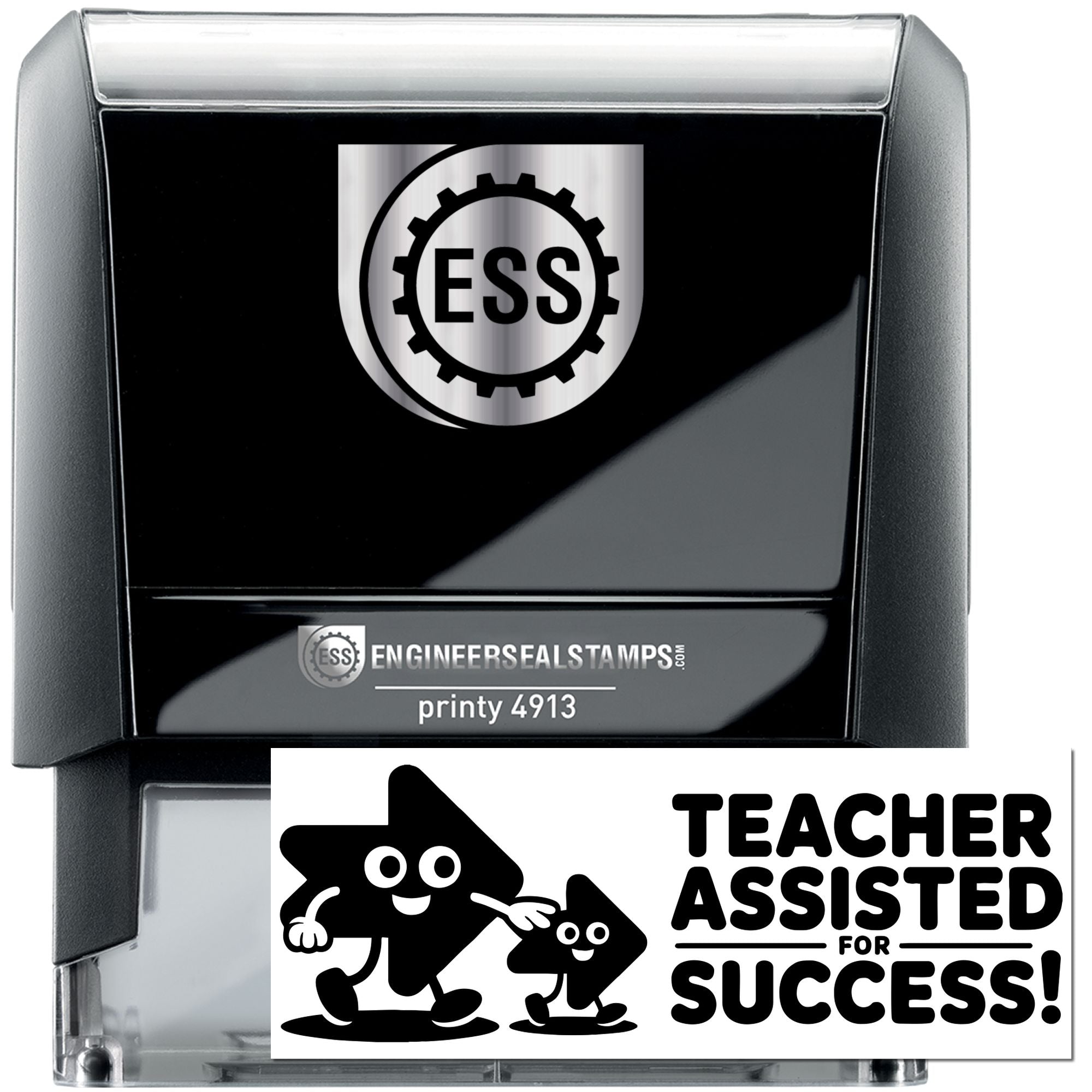 Black and silver ESS engineer seal stamp with clear cover, showing a Teacher Assisted for Success stamp design