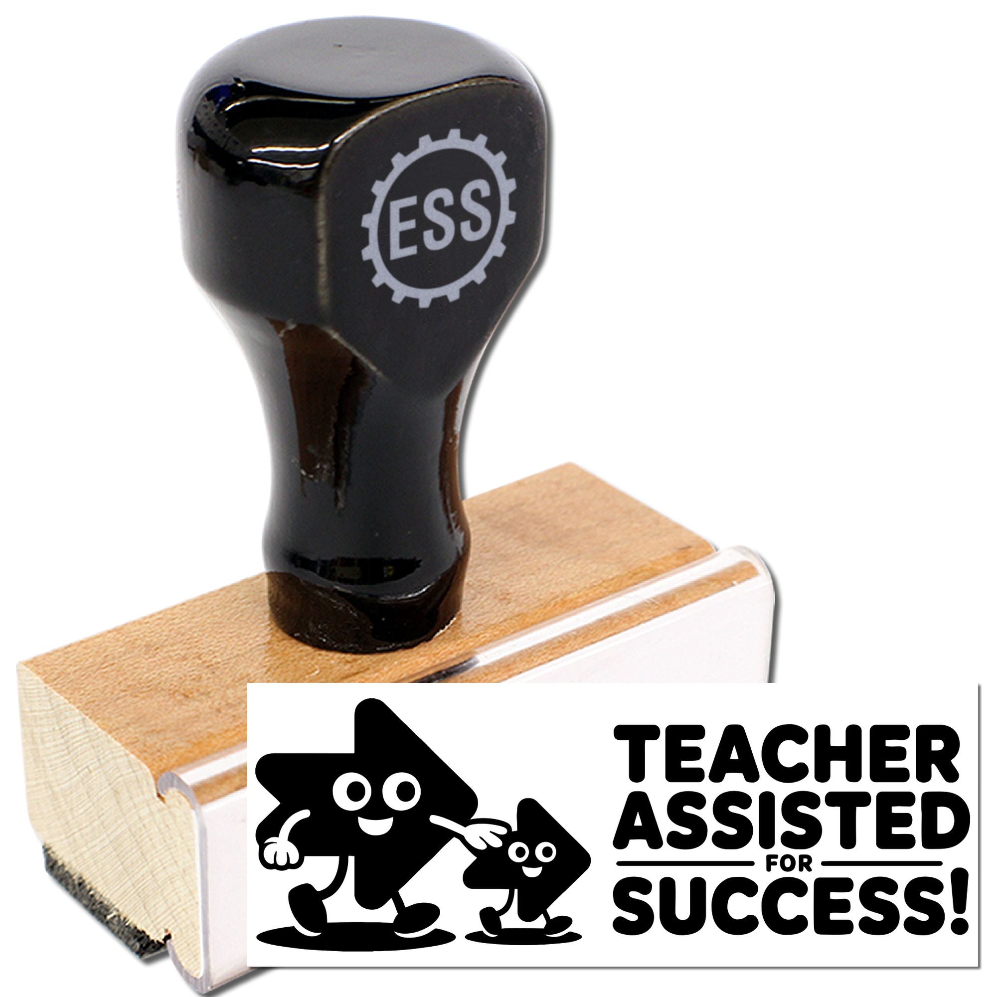 Black wooden rubber stamp and seal with ESS logo, showing Teacher Assisted for Success in bold black and white.