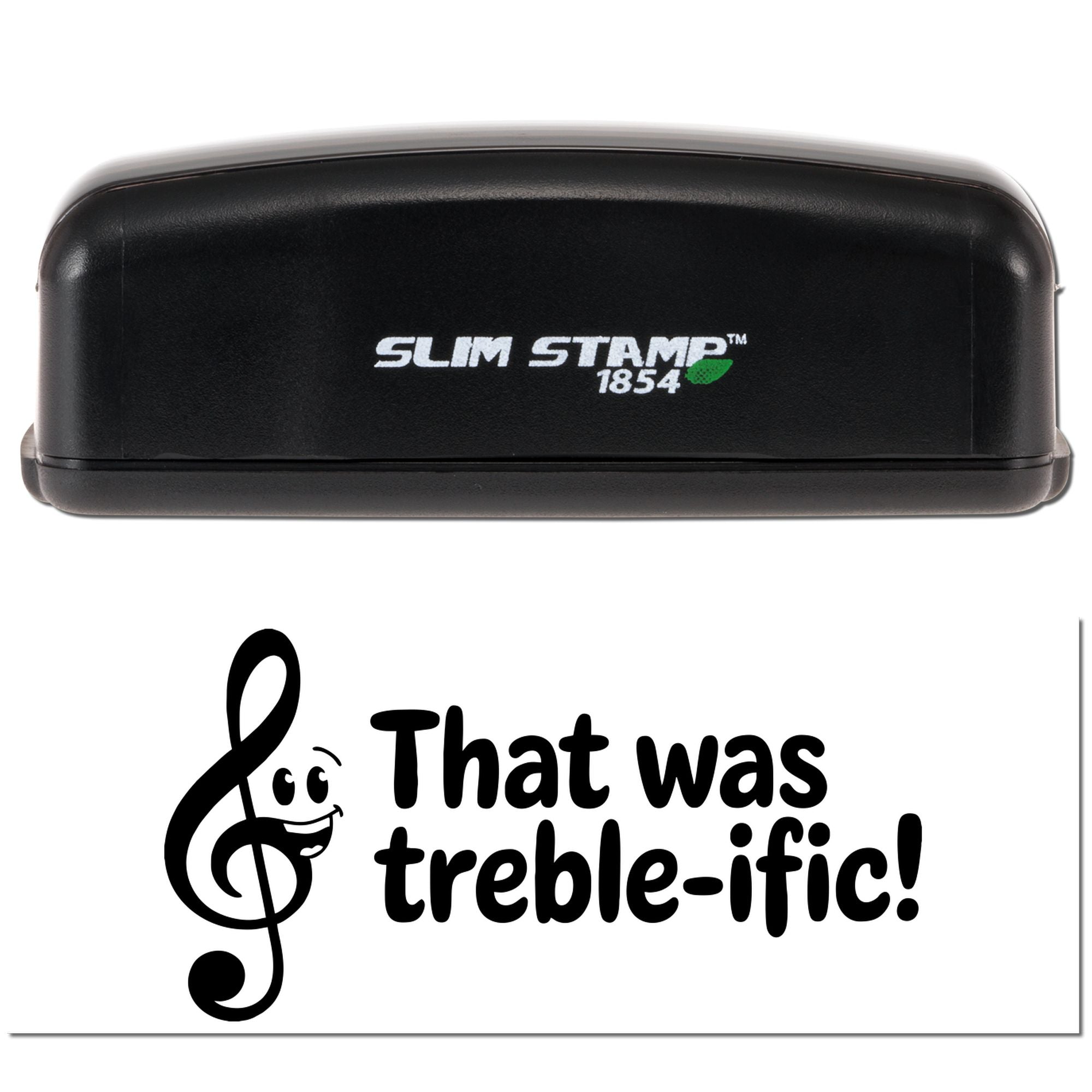 Black Slim Stamp 1854 stamp and seal in black with green leaf logo above a white That was treble-ific! music-themed design.