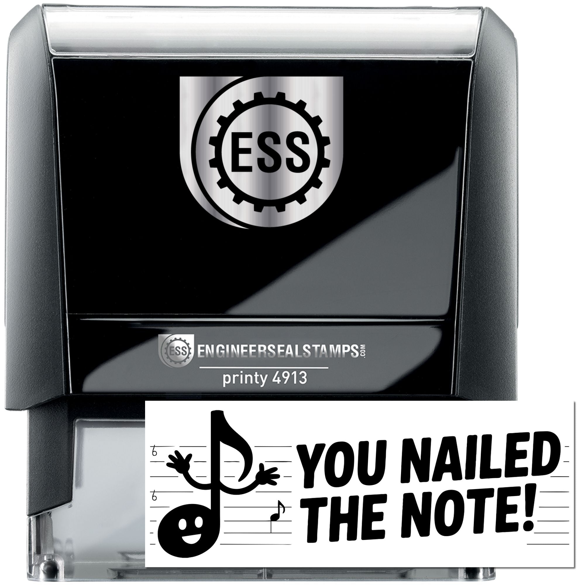 Black and silver Engineer Seal Stamps Printy 4913 self-inking stamp with ESS logo and You nailed the note! seal.