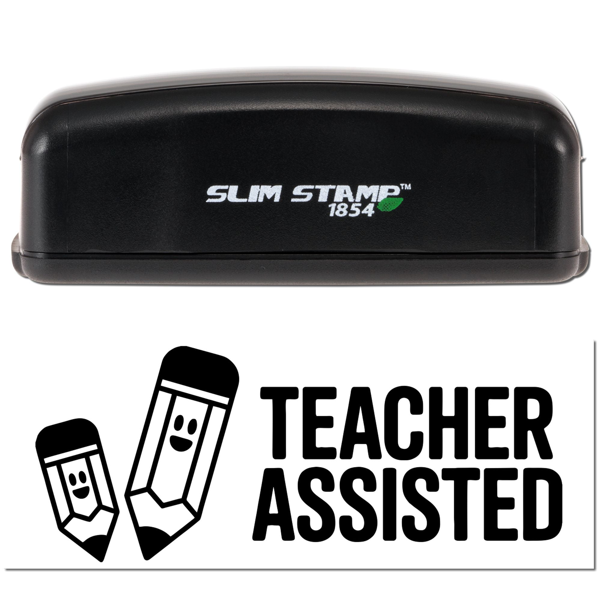 Black Slim Stamp 1854 stamp and seal case with white logo, Teacher Assisted text, and two pencil icons on a white background.