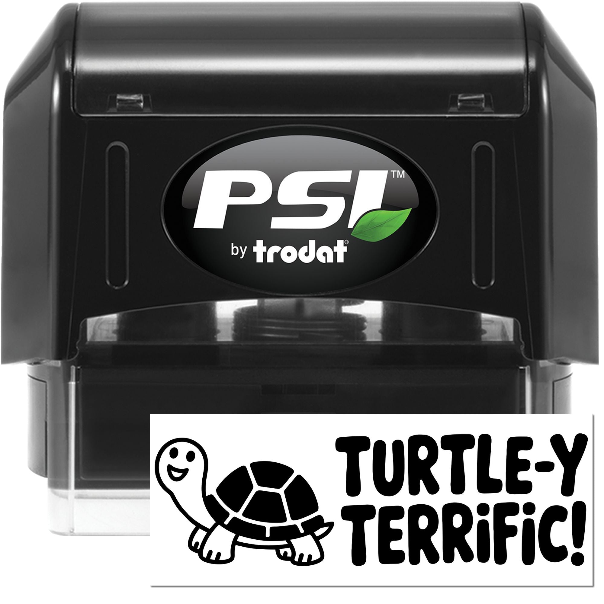 Black PSI by Trodat self-inking stamp with green leaf logo and Turtle-y Terrific seal