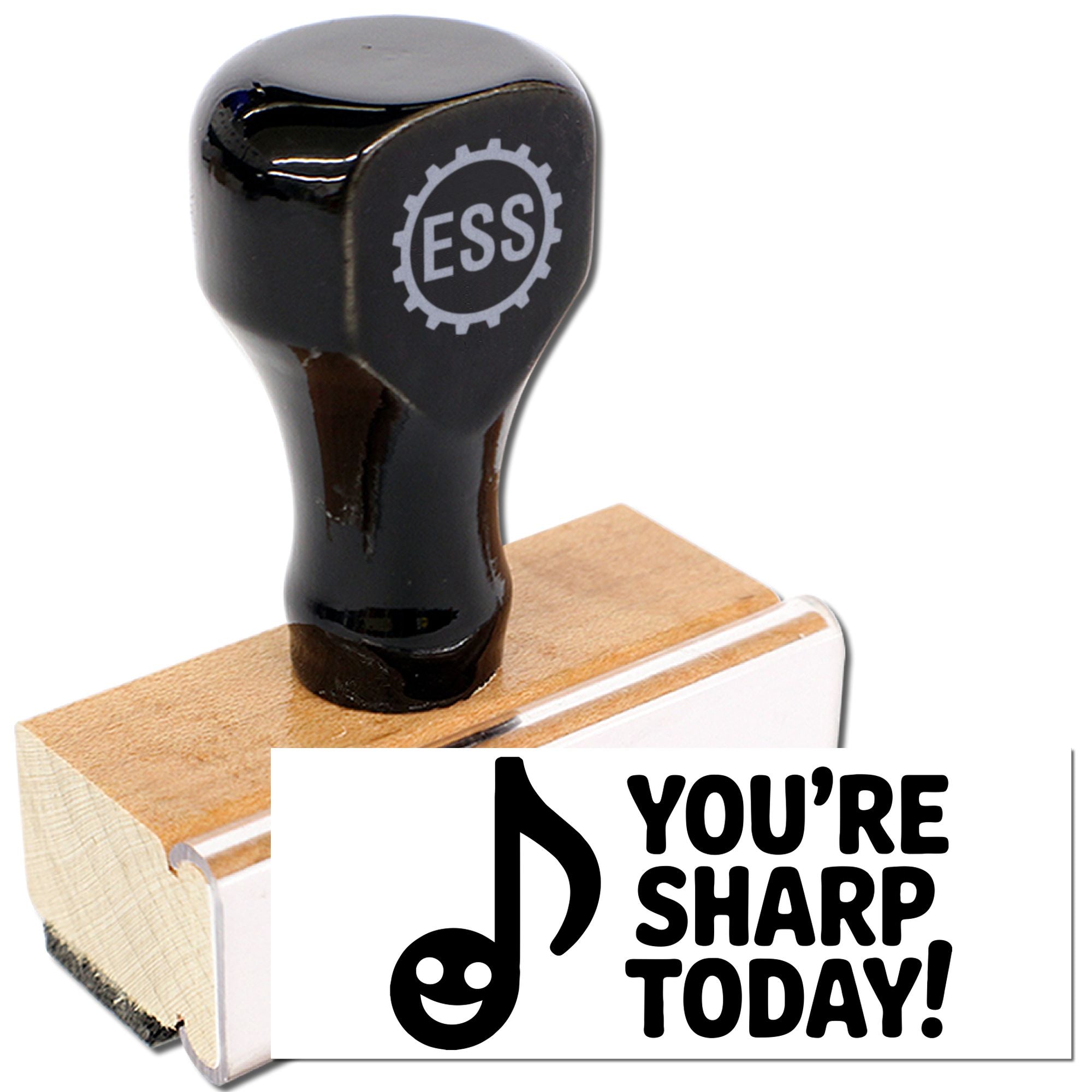 Black ESS rubber stamp and seal on a wooden base with white Youre Sharp Today! text and logo.