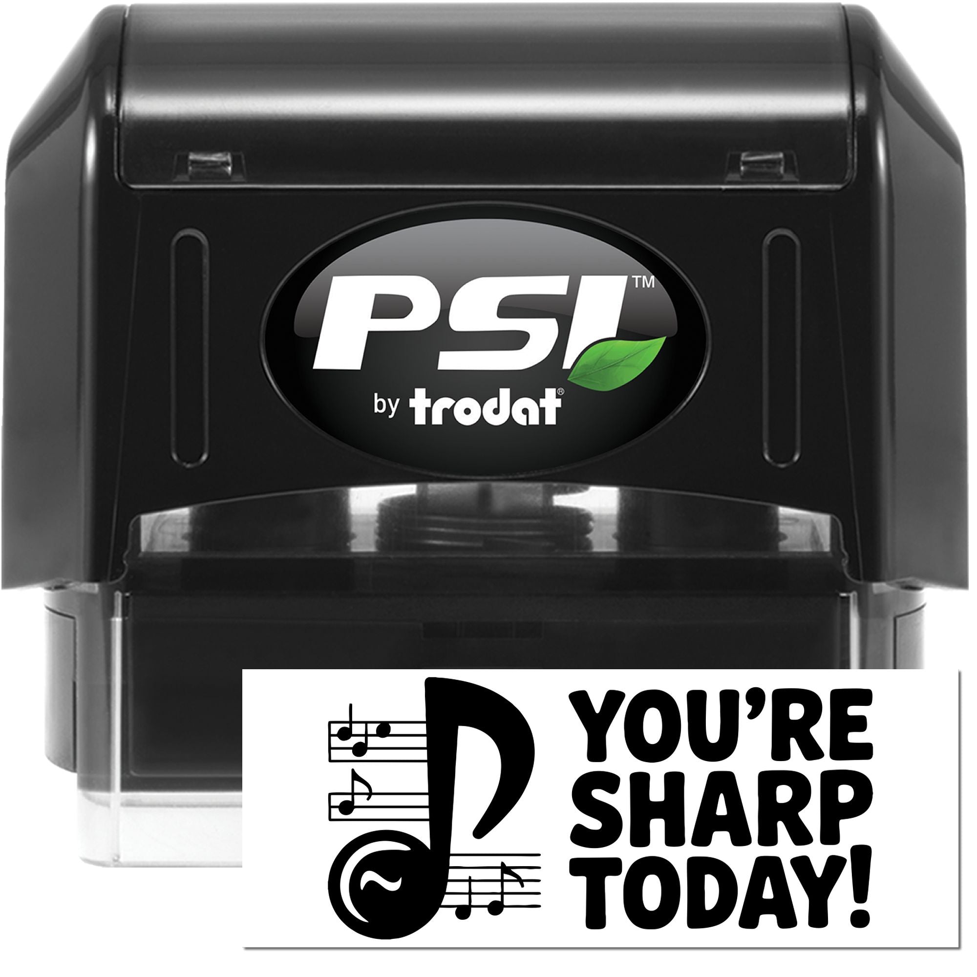 Black PSI by Trodat self-inking stamp and seal with clear case, showing a white custom imprint with musical note and bold text.