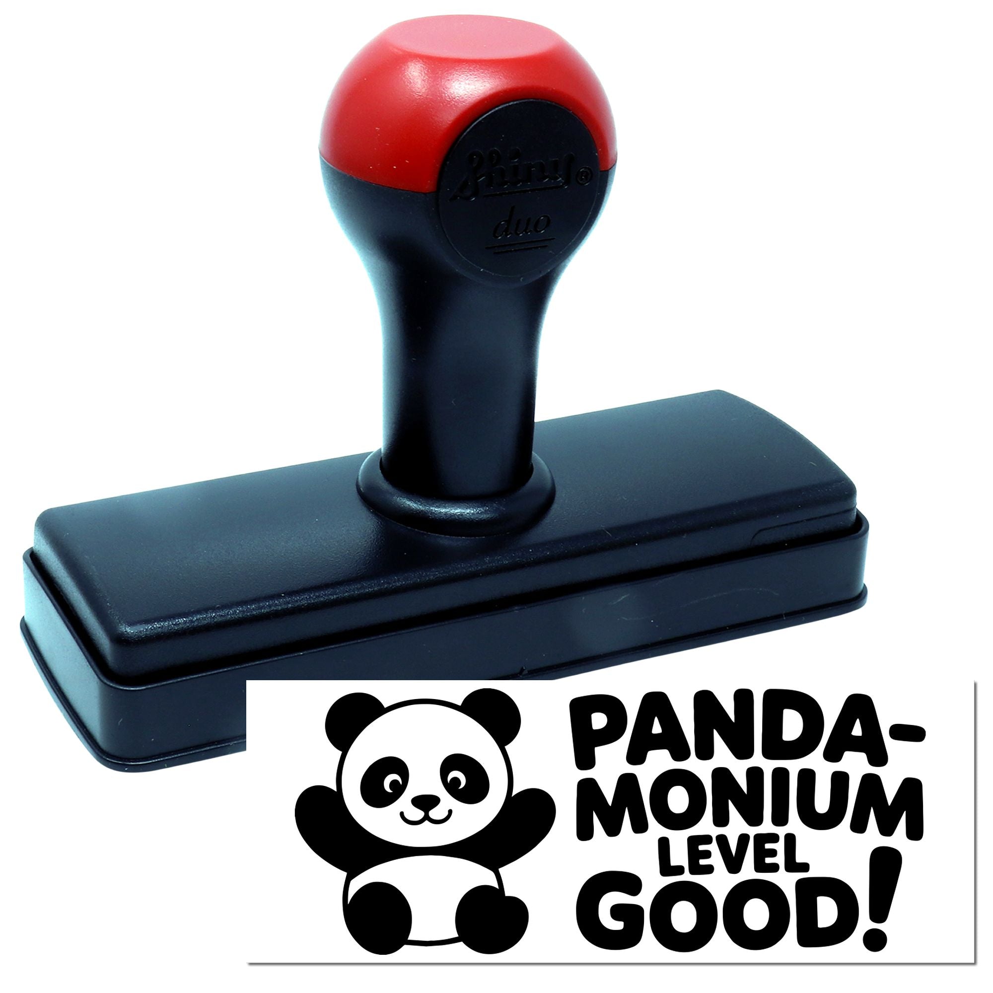 Red-and-black self-inking stamp and seal featuring a panda logo and PANDA-MONIUM LEVEL GOOD! text.