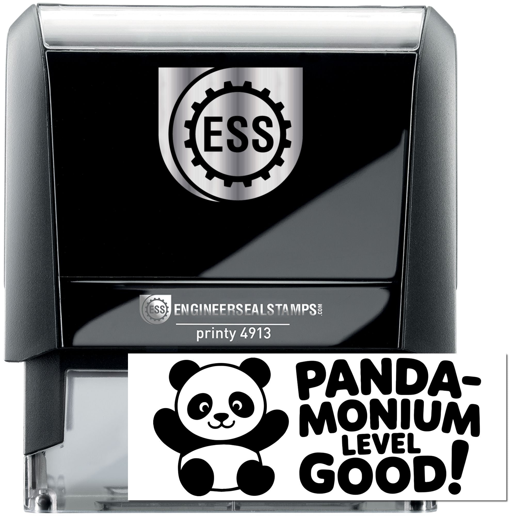 Black and silver self-inking stamp with ESS gear logo and panda seal reading Panda-monium level good!