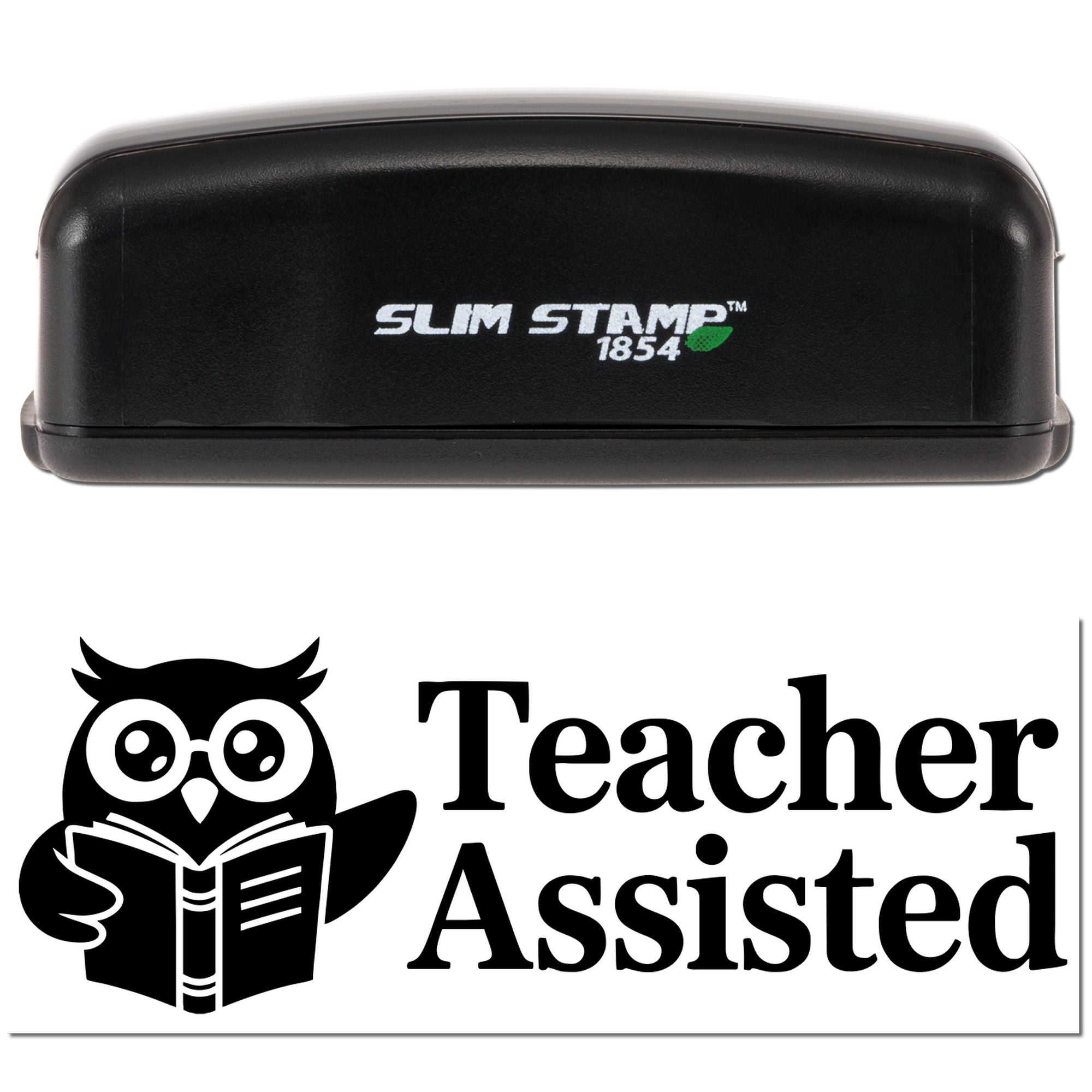 Black Slim Stamp 1854 stamp and seal with white Teacher Assisted owl logo on a white background.