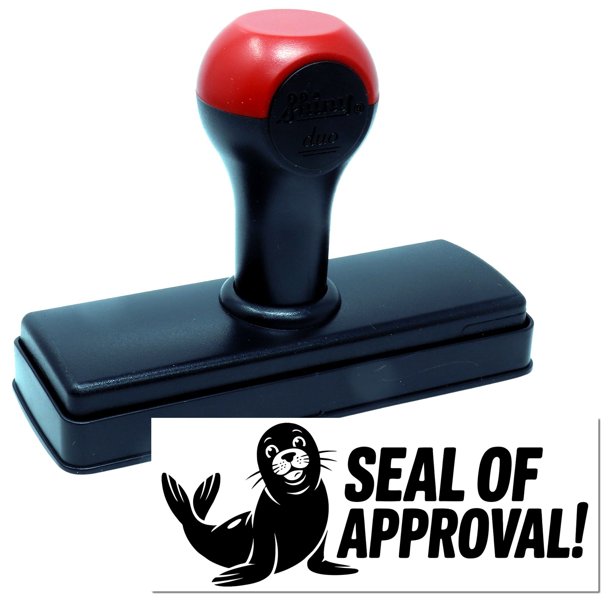 Red and black self-inking rubber stamp with rectangular base and Seal of Approval design