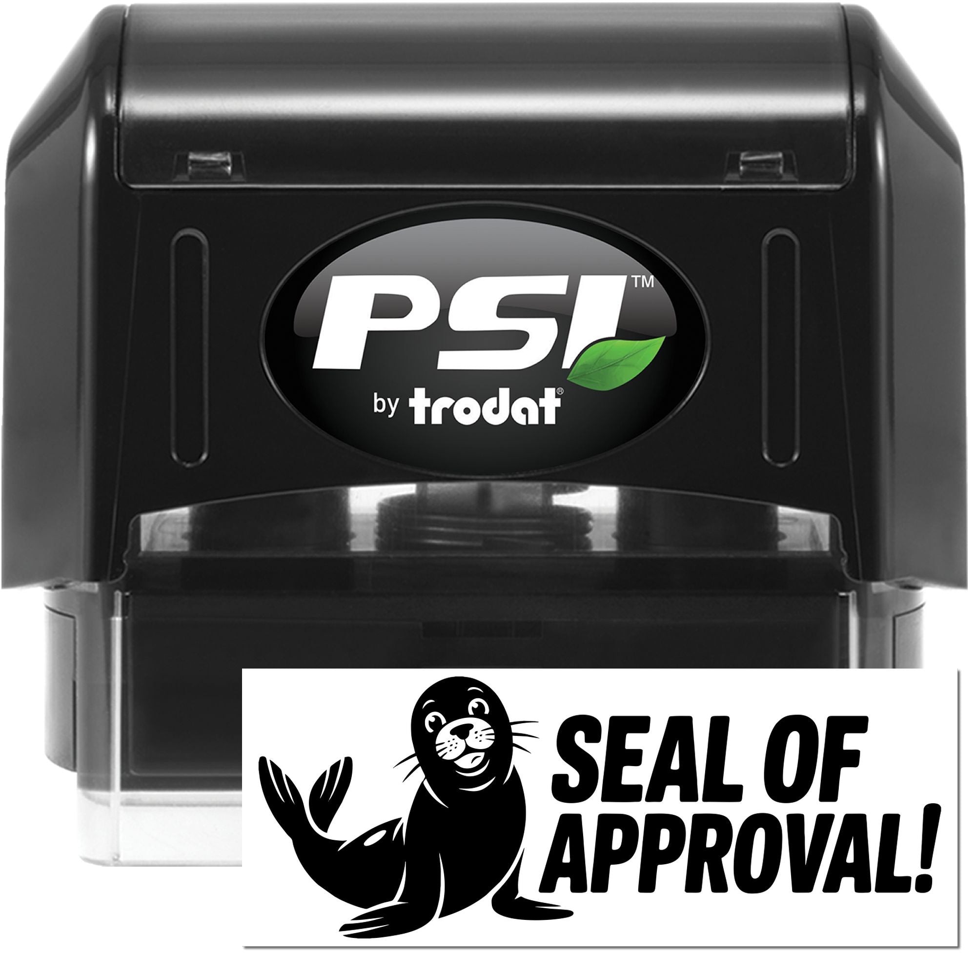Black PSI by Trodat self-inking stamp with green leaf logo and Seal of Approval seal card