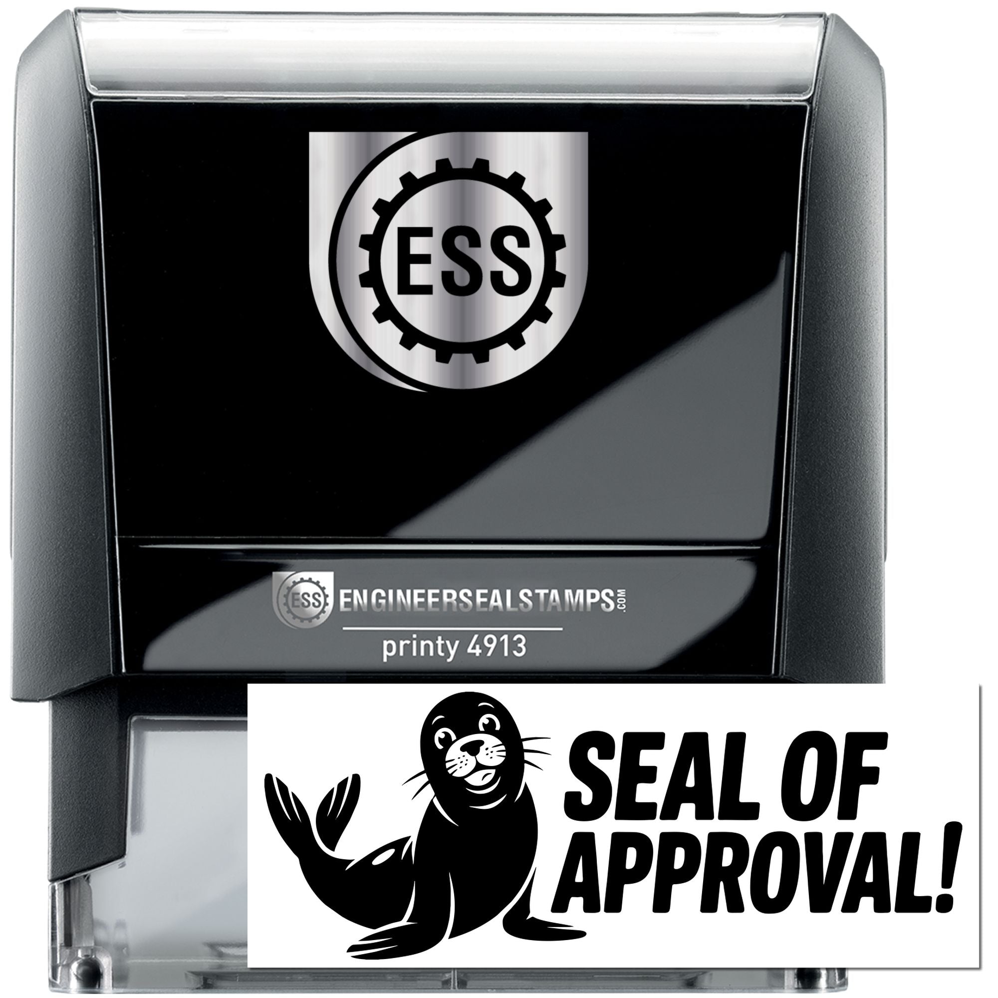 Black self-inking stamp and clear seal with ESS logo, silver accents, and Seal of Approval imprint.