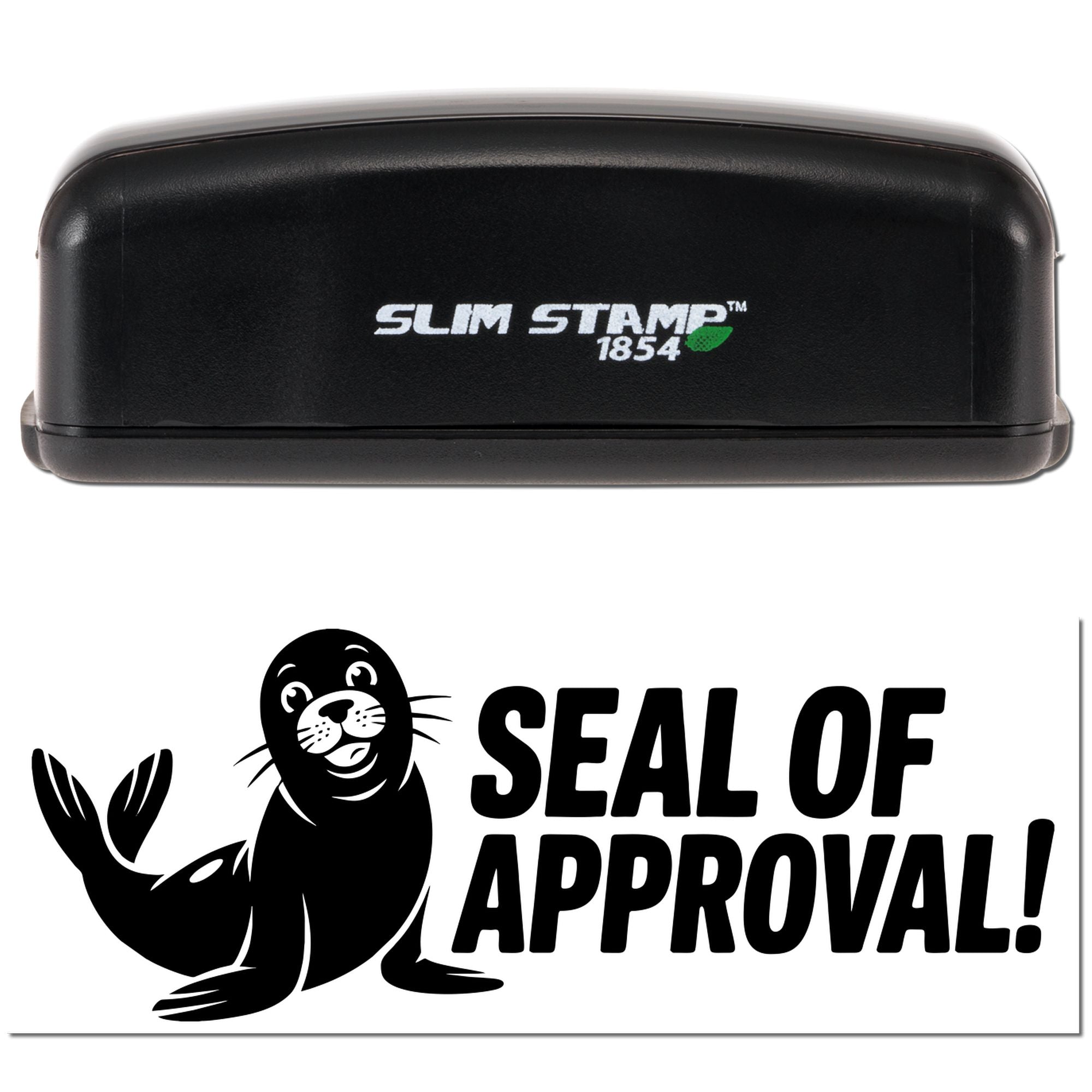 Black Slim Stamp 1854 stamp and seal maker with Seal of Approval! graphic and seal mascot on white background.