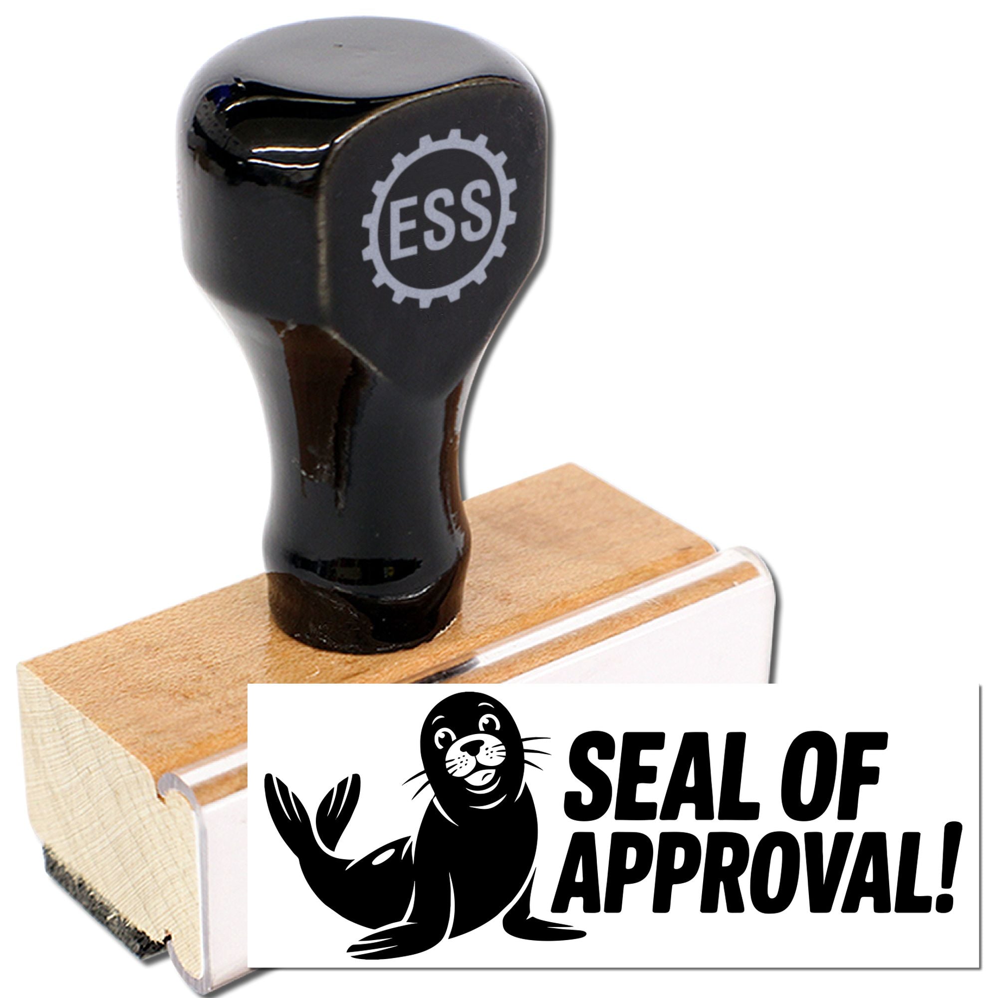 Black rubber stamp on a wooden base with ESS logo, plus a white seal reading SEAL OF APPROVAL!