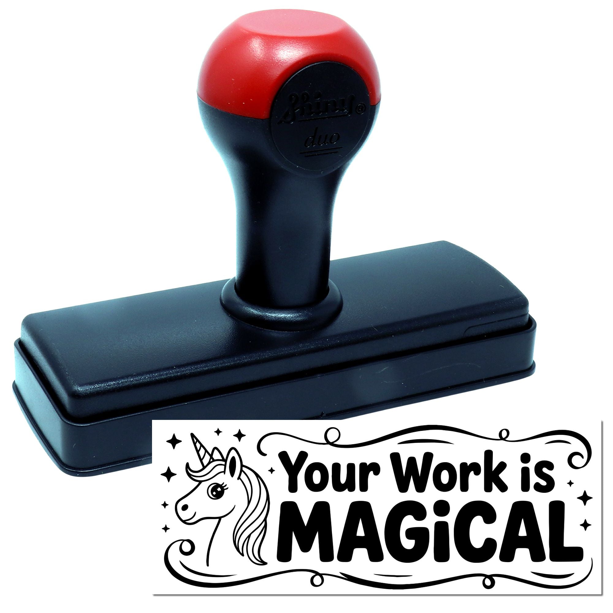 Red and black self-inking stamp and seal with rectangular base, showing a unicorn design and Your Work is MAGICAL imprint.