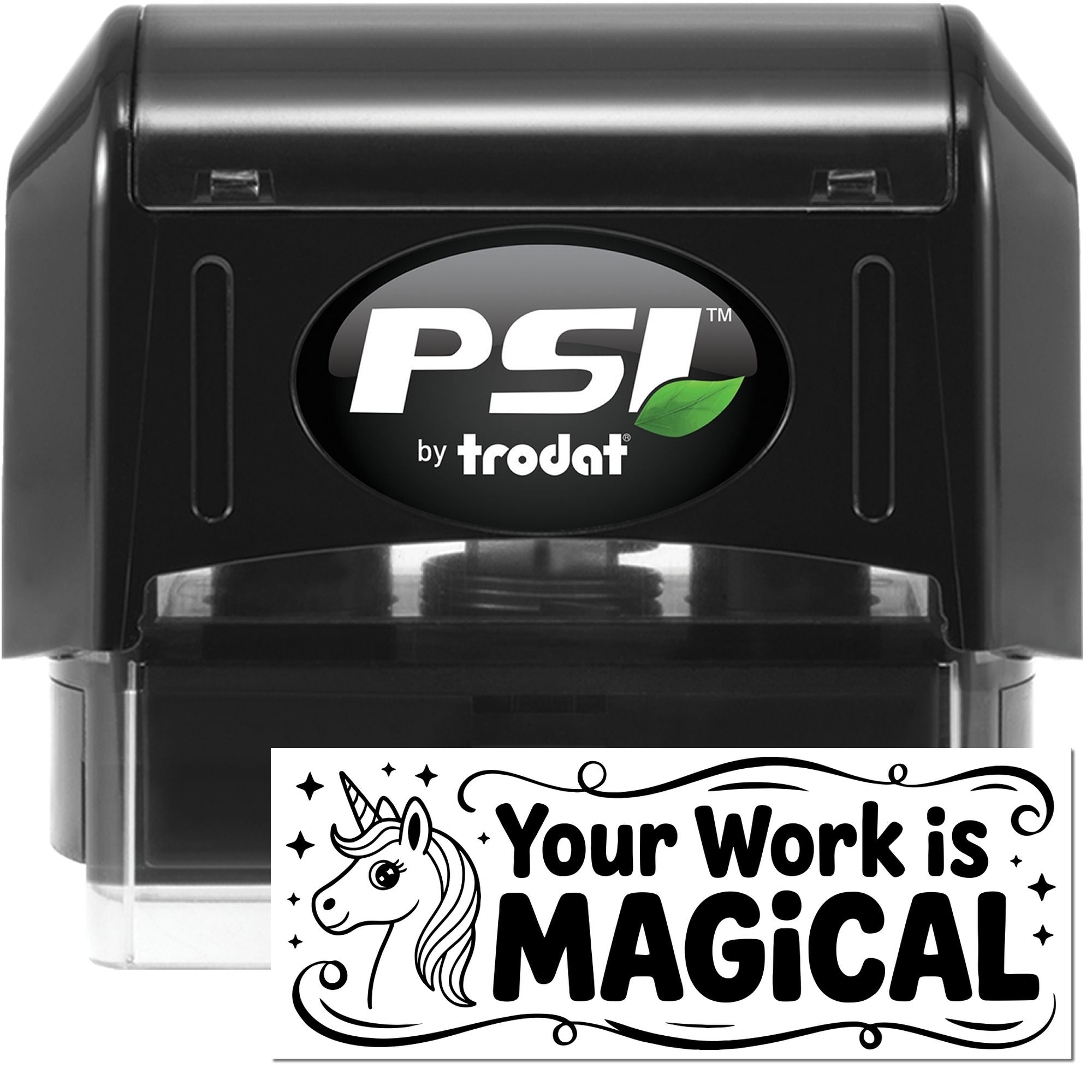 Black PSI by Trodat self-inking stamp and seal featuring a unicorn and Your Work is Magical text.