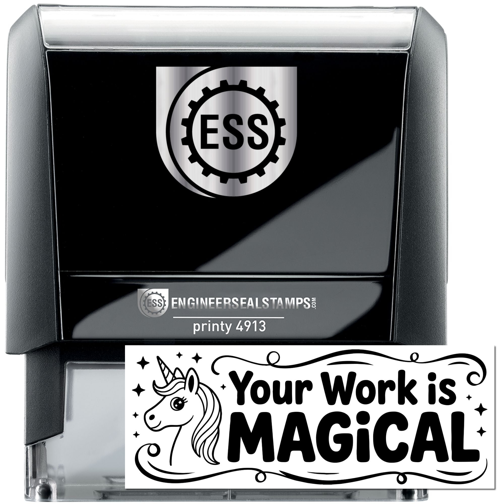 Black self-inking ESS stamp and clear seal with white unicorn design and bold Your Work is Magical text.