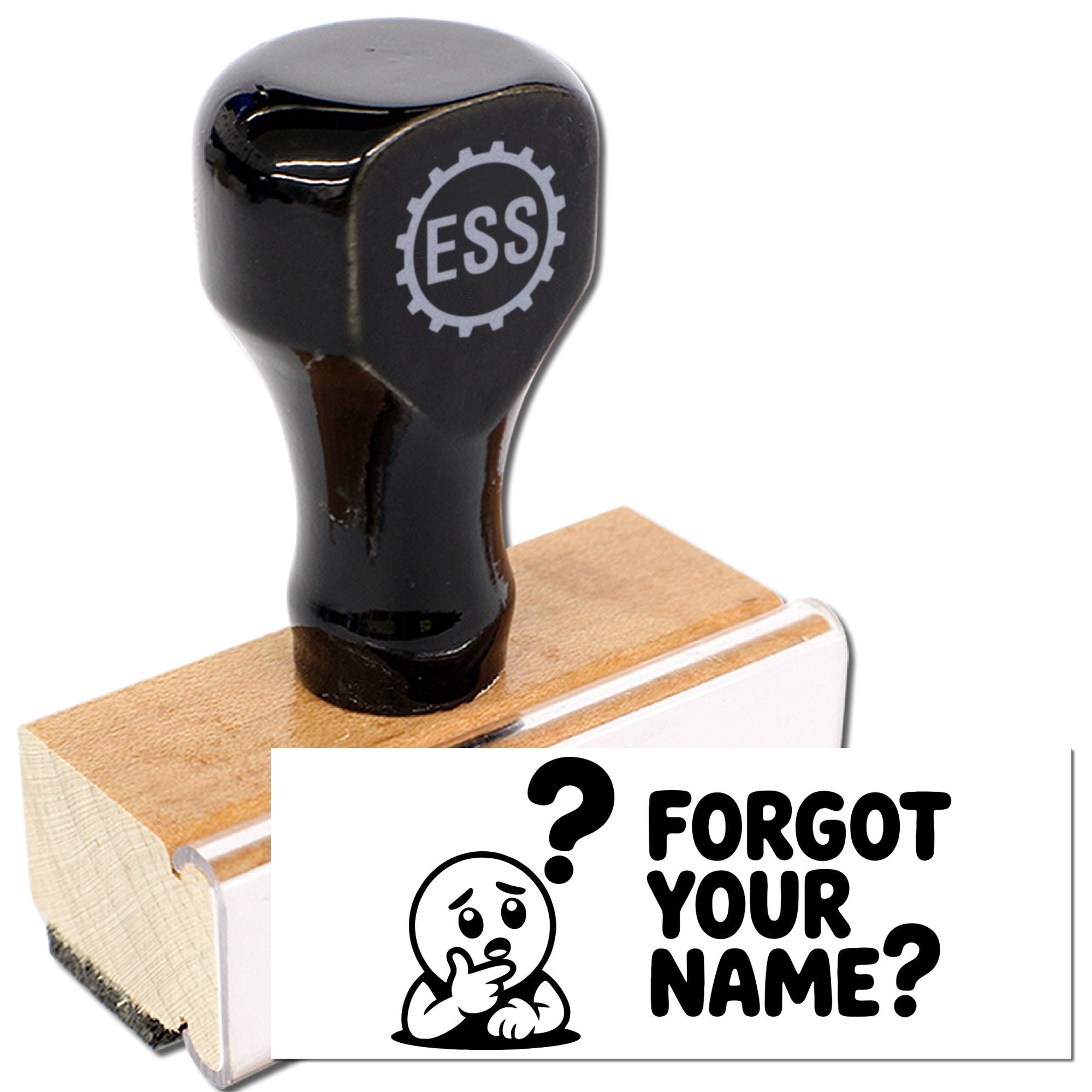 Black ESS custom stamp seal on a wooden handle beside a white Forgot your name? label card.