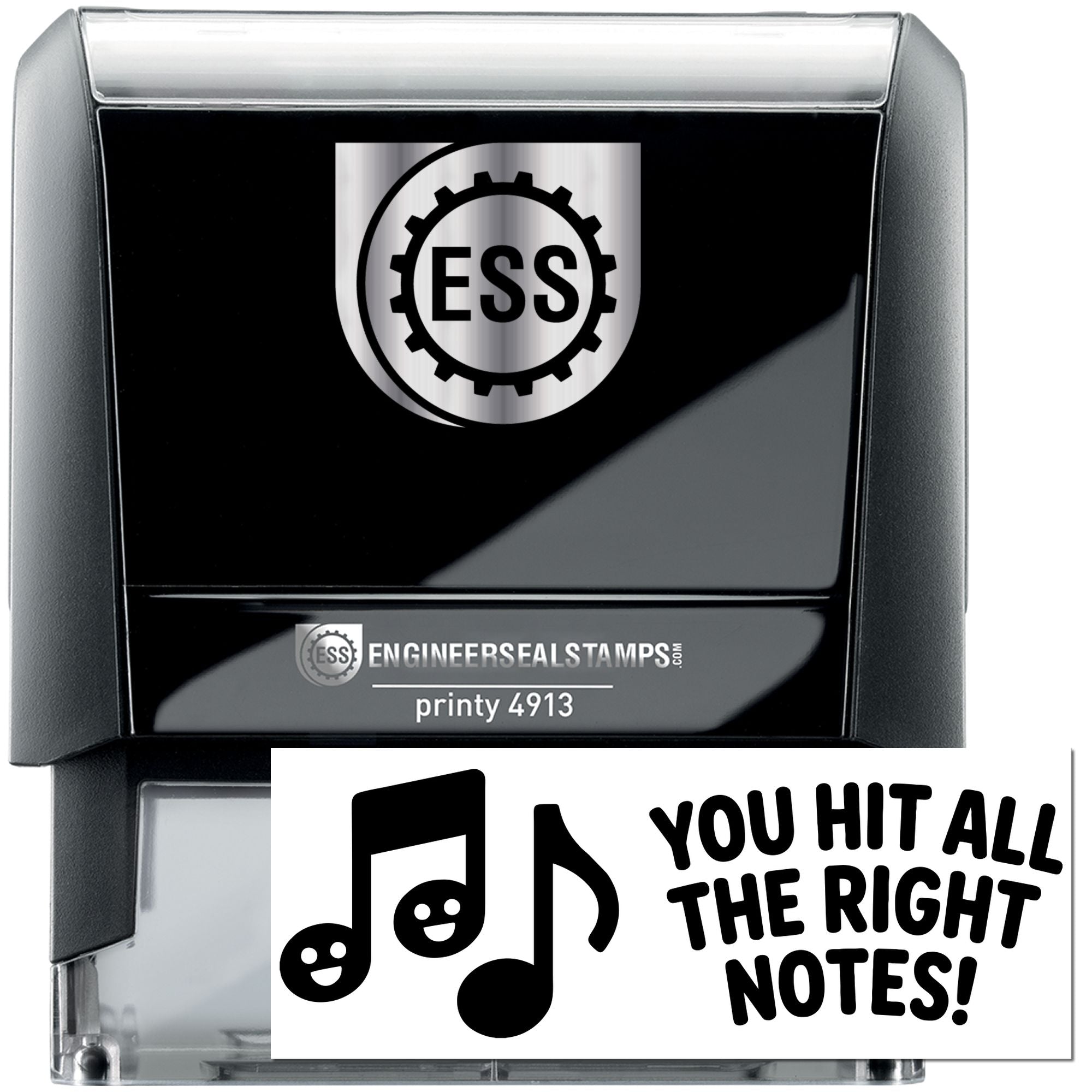 Black self-inking ESS engineer seal stamp with silver logo and clear case, plus music-note stamp: You hit all the right notes!